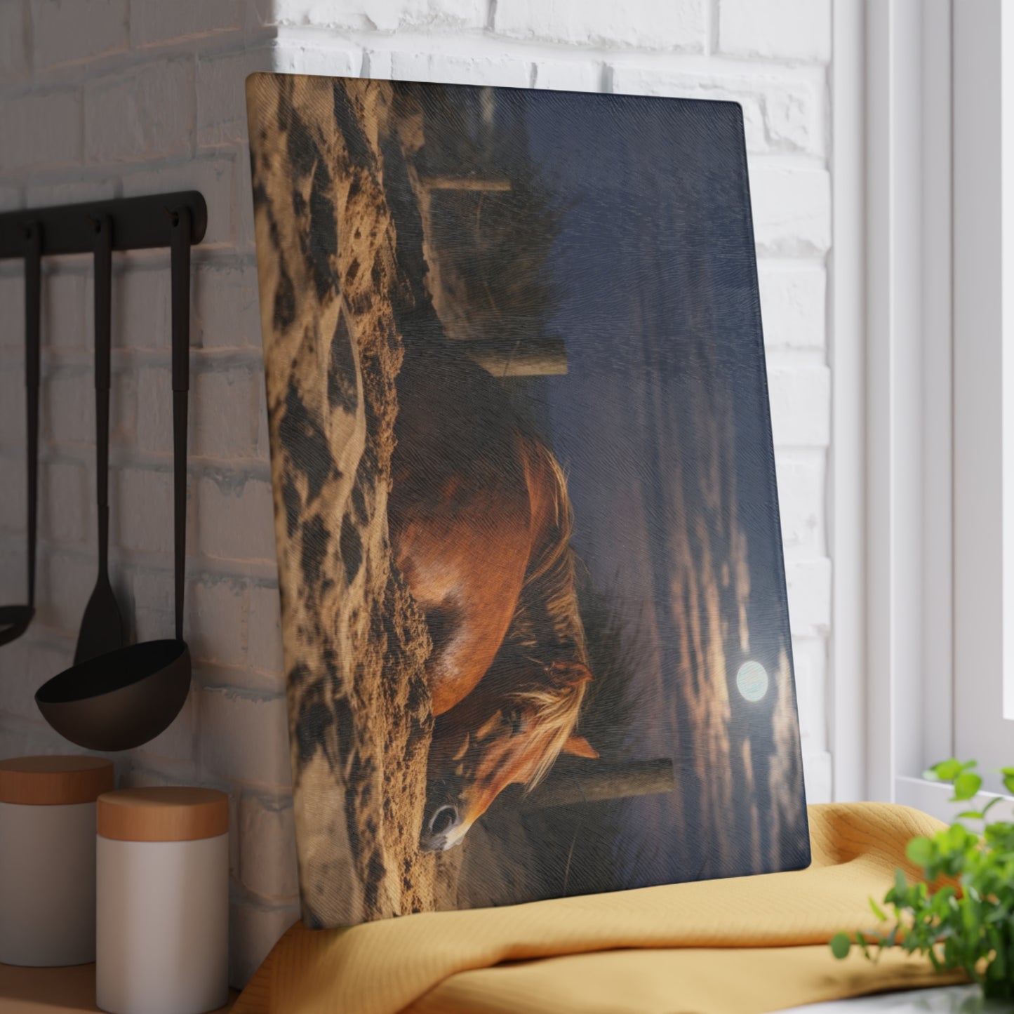 Peaceful Horse on Moonlit Beach Glass Cutting Board – Coastal Farmhouse Horse Lover Kitchen Decor