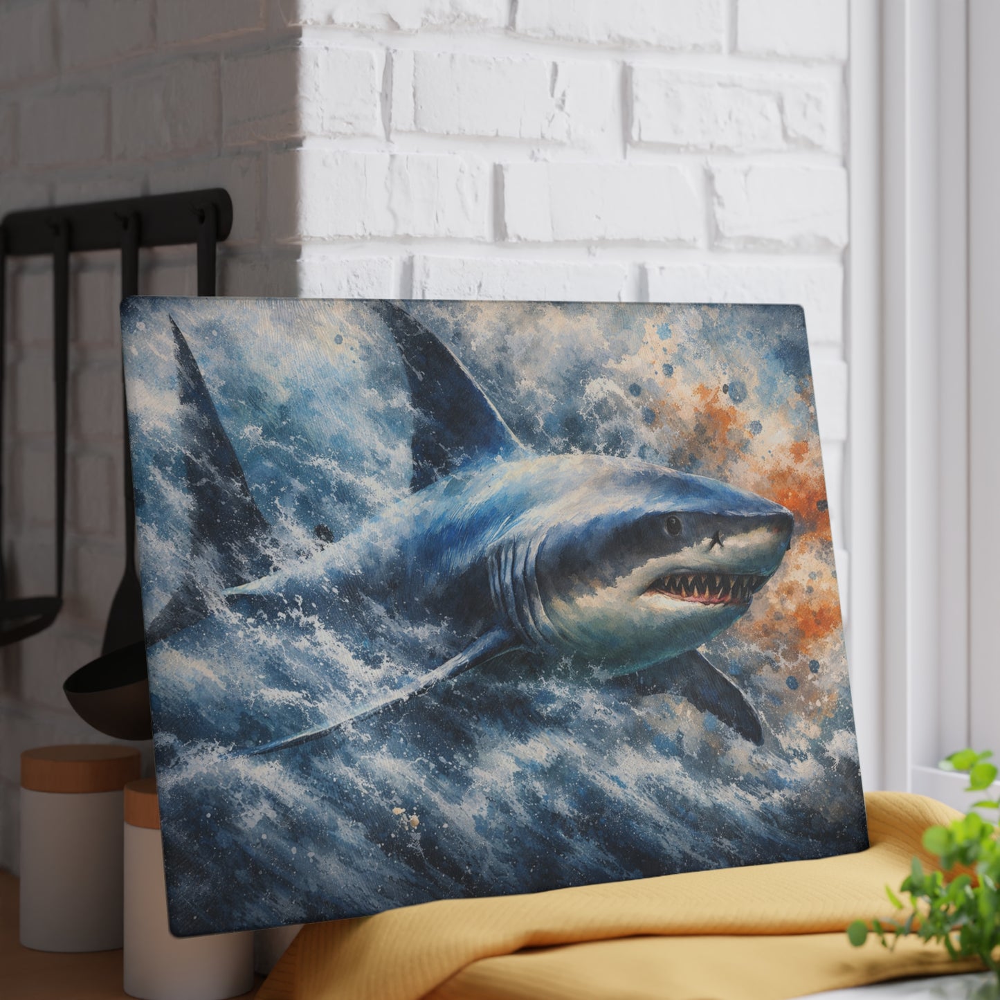Power of the Tide Glass Cutting Board – Dynamic Great White Shark Artwork