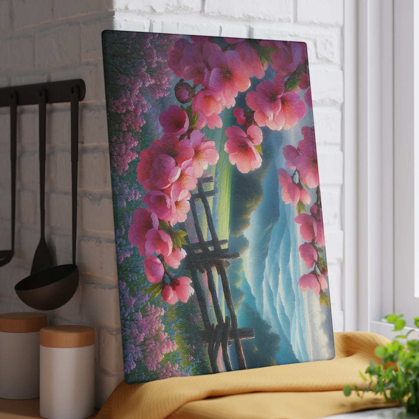 Cherry Blossom Mountain Meadow Glass Cutting Board – Spring Floral Landscape Kitchen Display