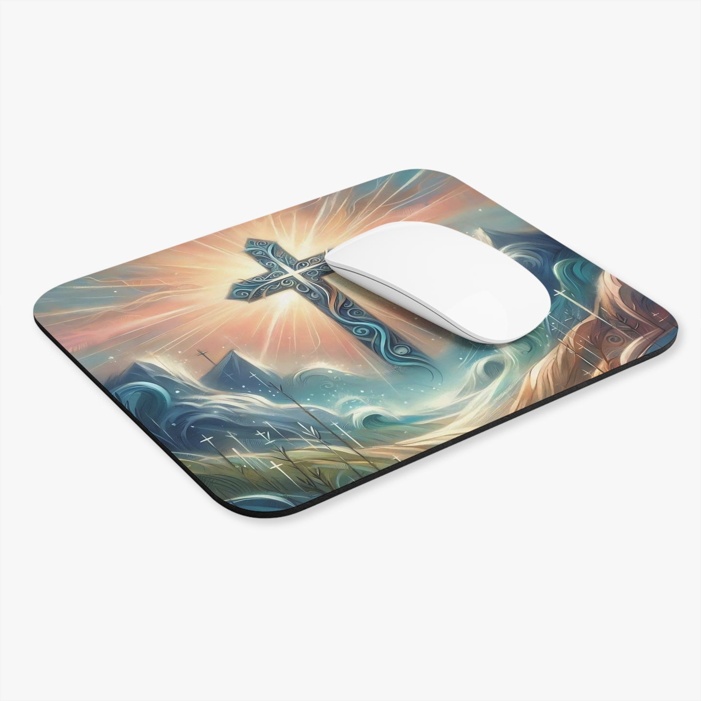 🖱️✨ Radiant Cross Sunrise Mouse Pad – Faith & Inspiration for Your Desk