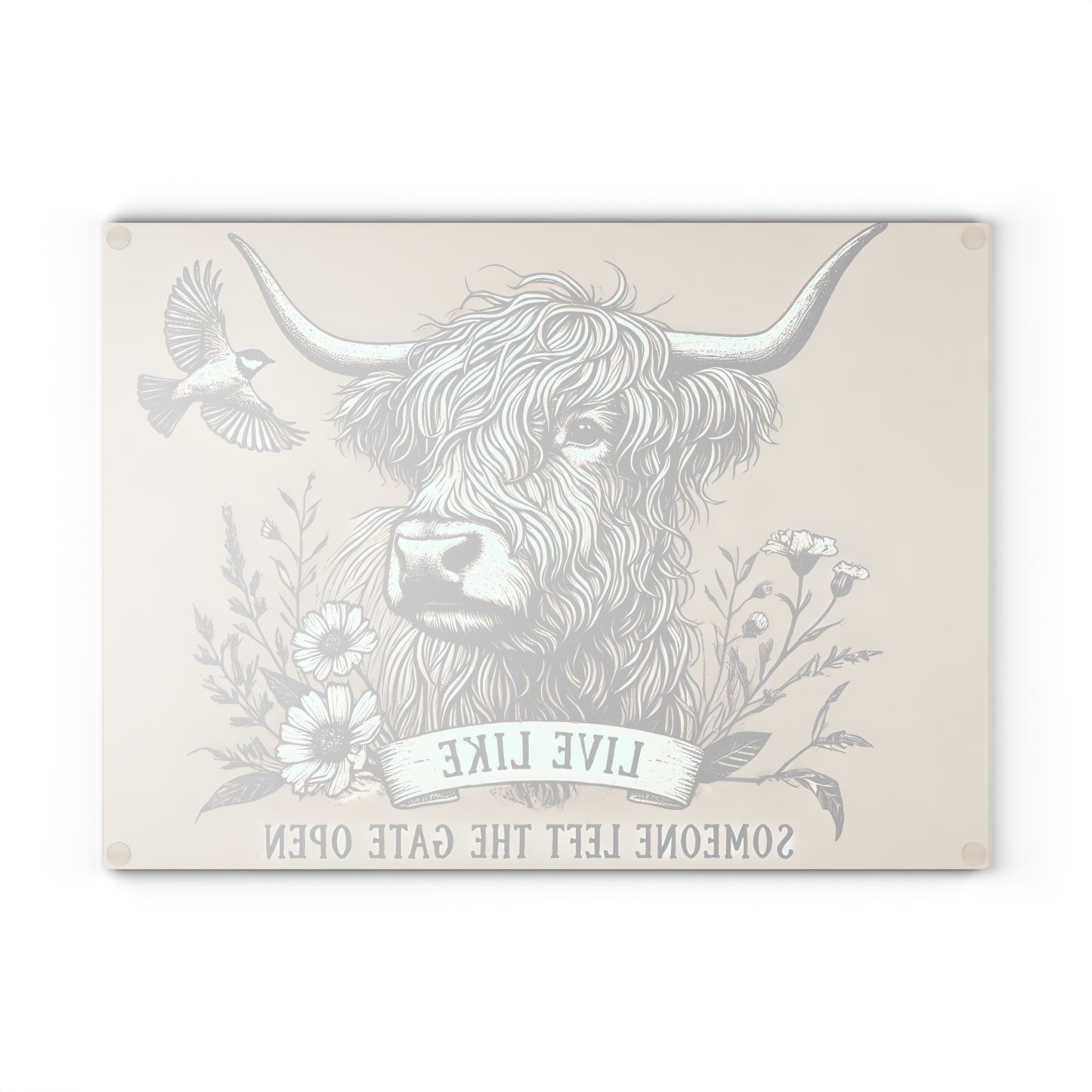 🐮 “Live Like Someone Left the Gate Open” Sketch Highland Cow Cutting Board – Rustic Farmhouse Charm for Your Kitchen
