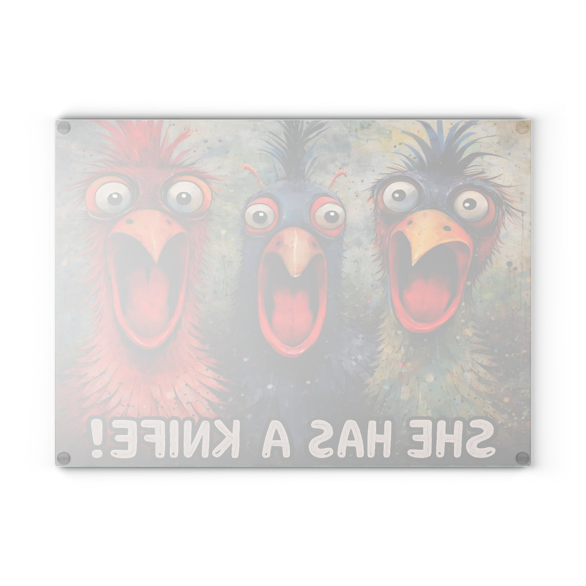 She Has a Knife Glass Cutting Board – Funny Chicken Kitchen Art with Bold Farm Humor