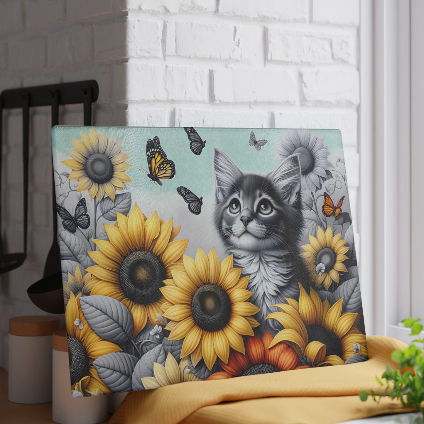 🐾🌻 Kitten & Sunflowers Cutting Board – Whimsical Rustic Farmhouse Charm with Butterflies ✨🐈🦋