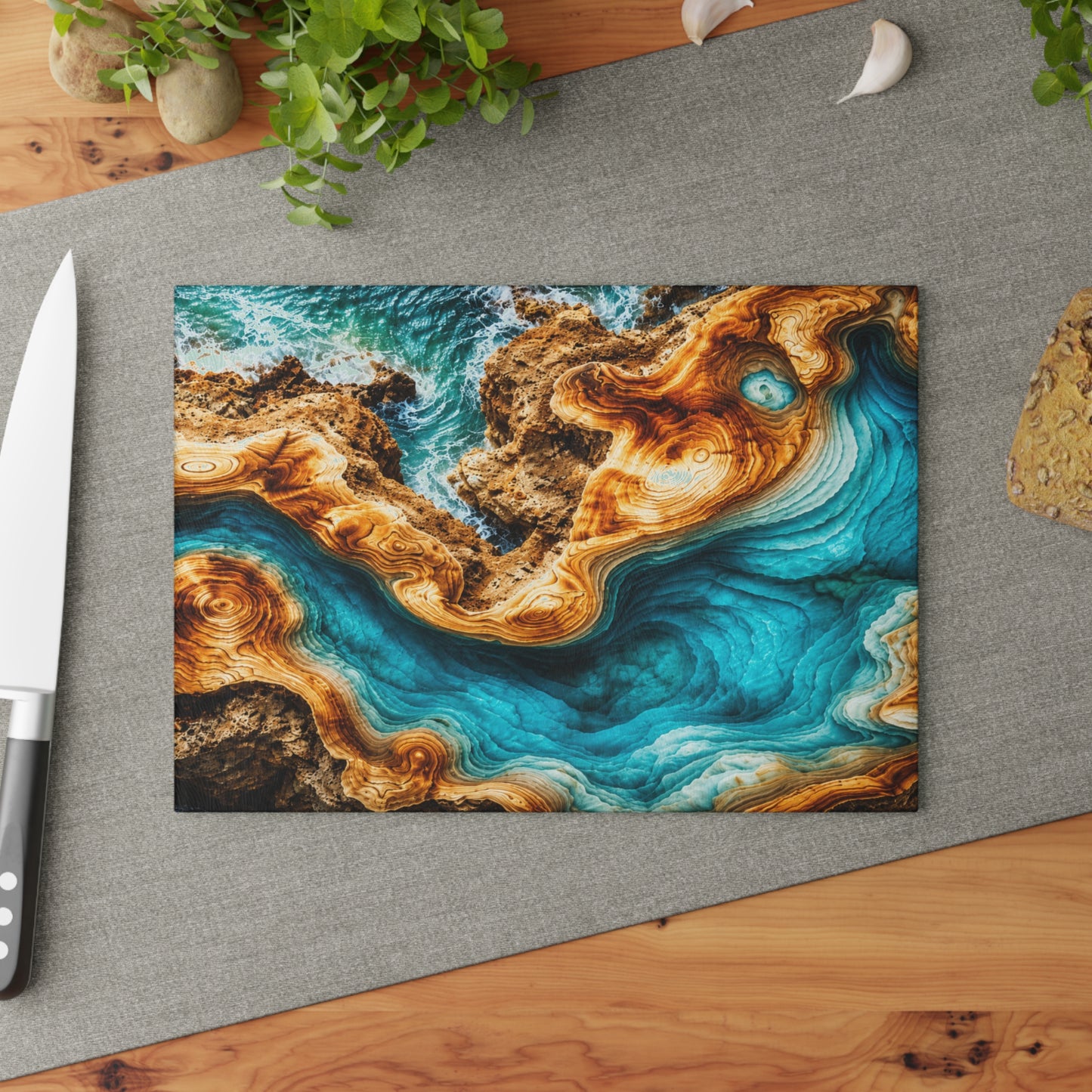 Coastal Ocean Resin-Style Abstract Glass Cutting Board – Turquoise Shoreline Artwork