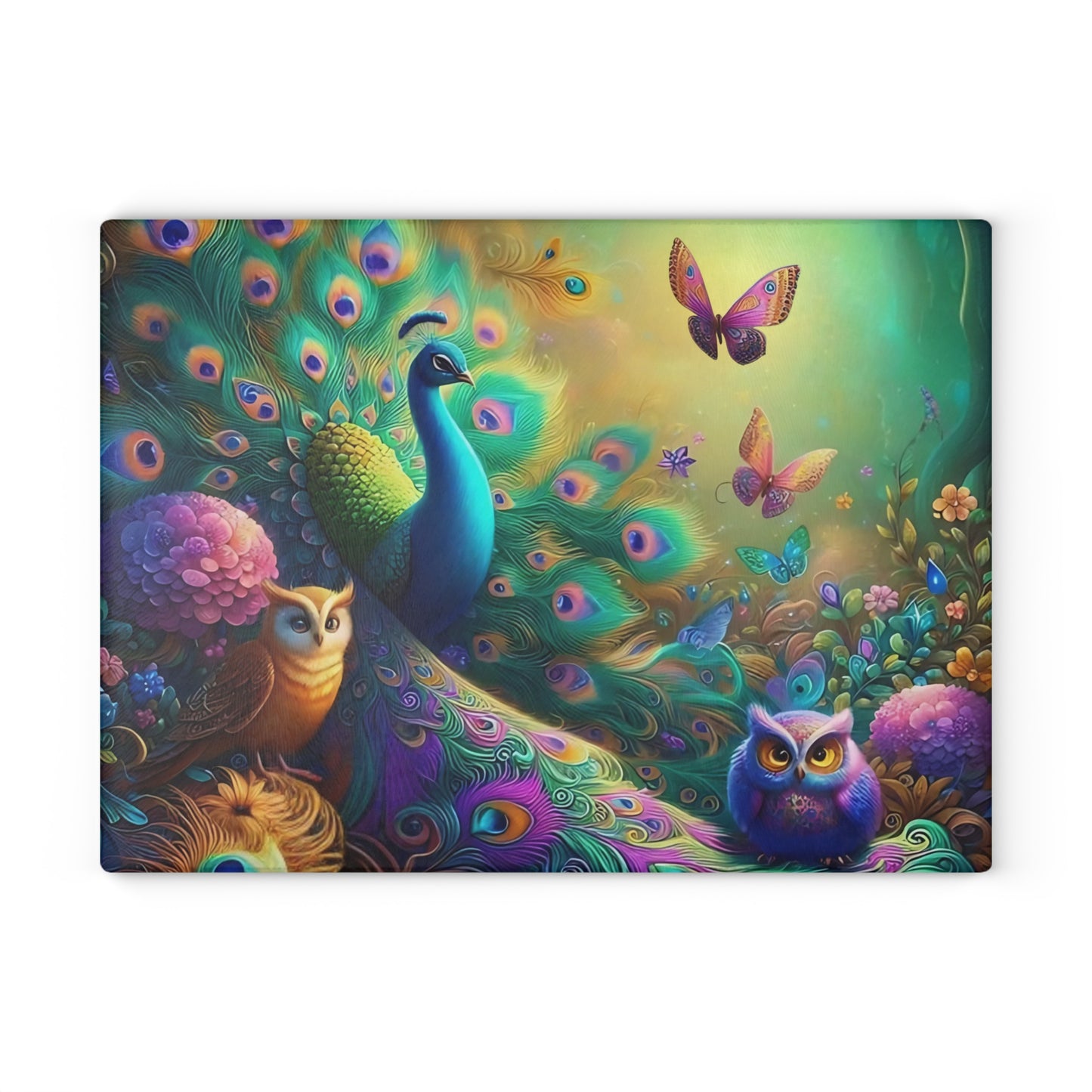 🦚 Whimsical Peacock Forest Cutting Board – Magical Birds & Blooming Feathers