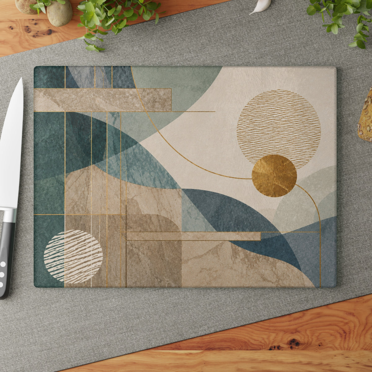 Modern Abstract Geometric Glass Cutting Board – Teal Beige & Gold Contemporary Kitchen Decor