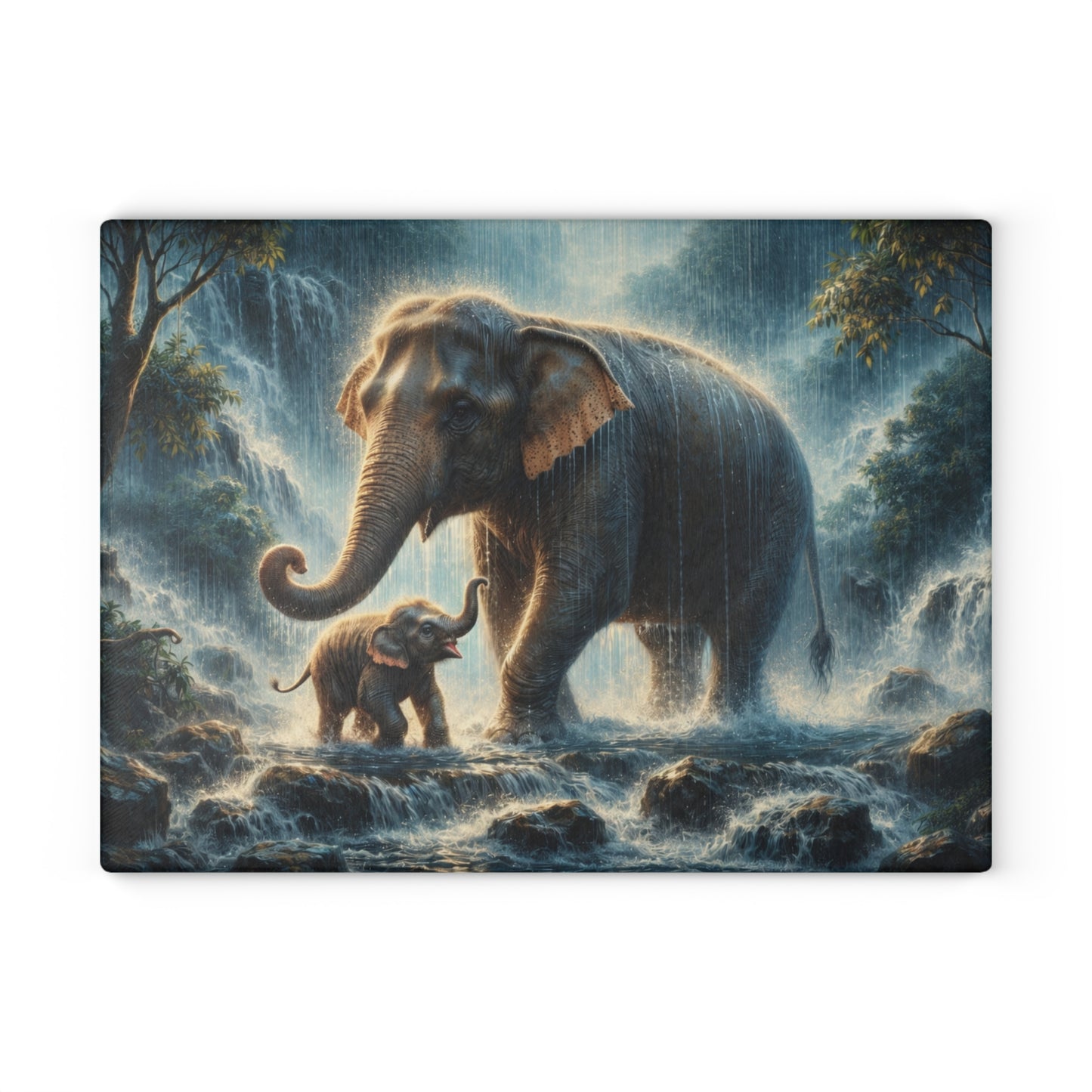 Elephant and Calf Rainforest Waterfall Glass Cutting Board – Dramatic Wildlife Kitchen Art