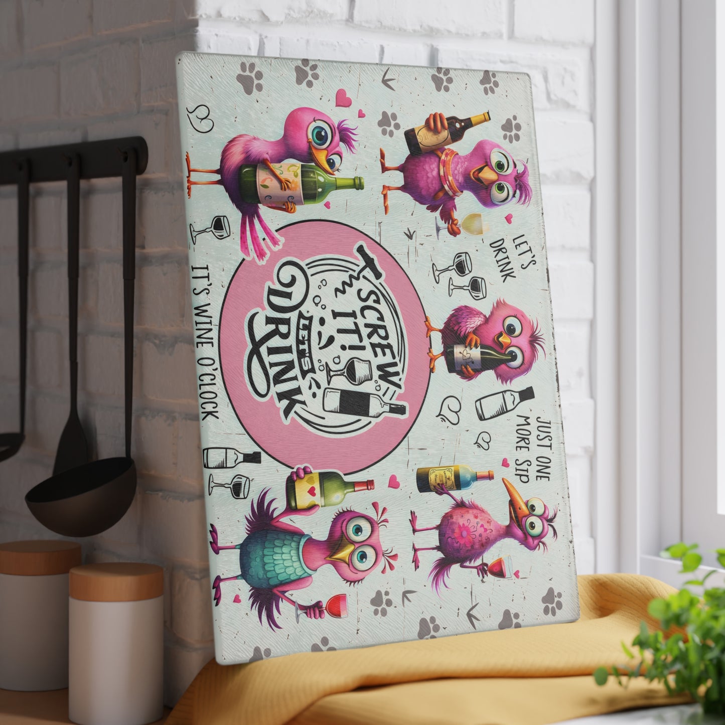 Funny Bird Wine Quote Glass Cutting Board – Whimsical Drinking Humor Kitchen Decor