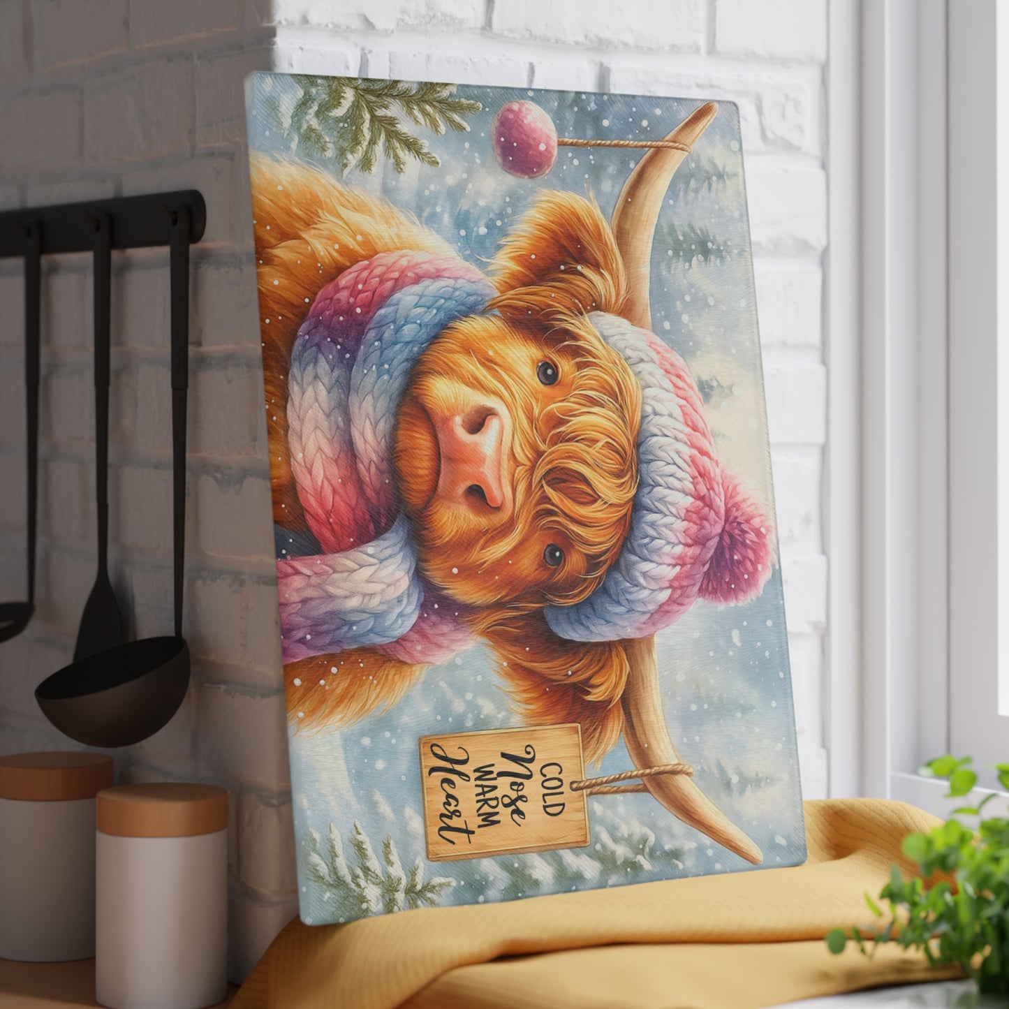 🐮❄️ “Cold Nose, Warm Heart” Tempered Glass Board – Cozy Highland Winter Vibes