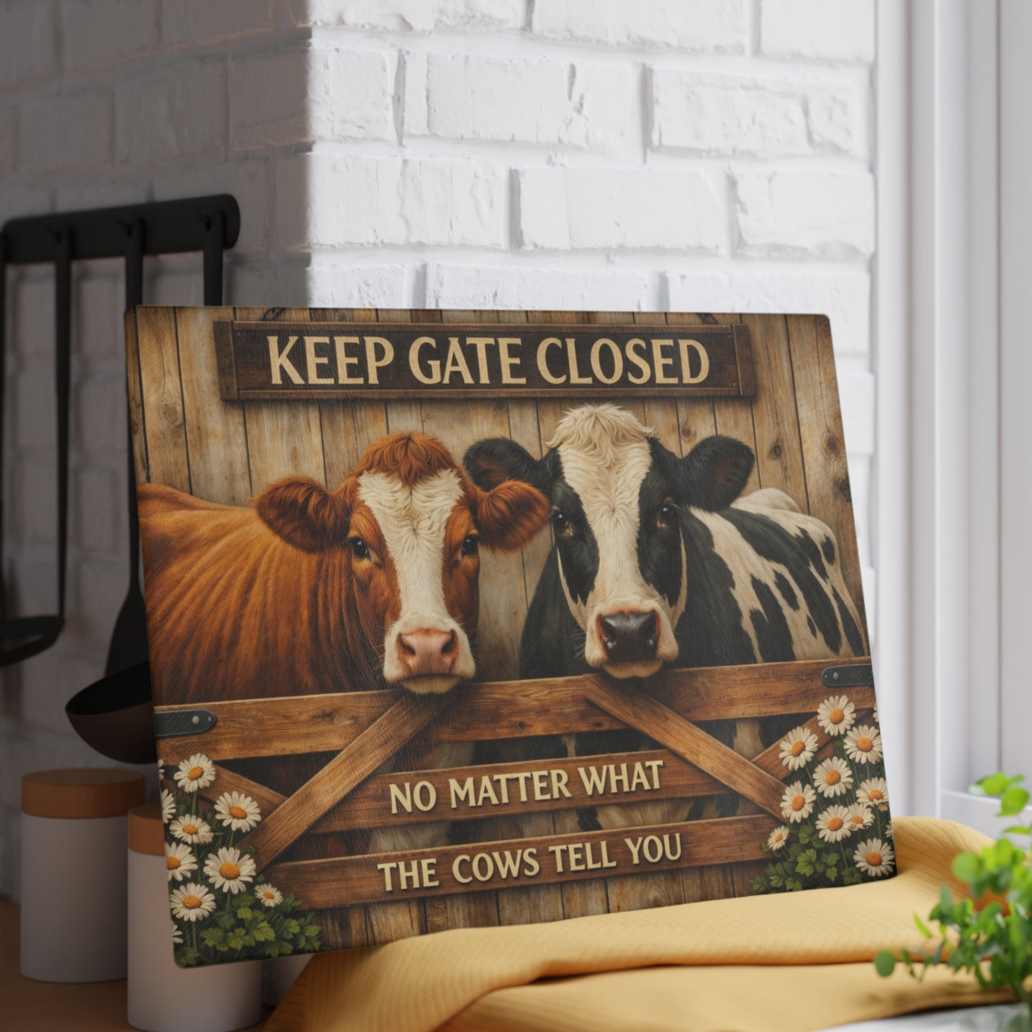 Keep Gate Closed Cow Glass Cutting Board – Funny Farmhouse Kitchen Decor