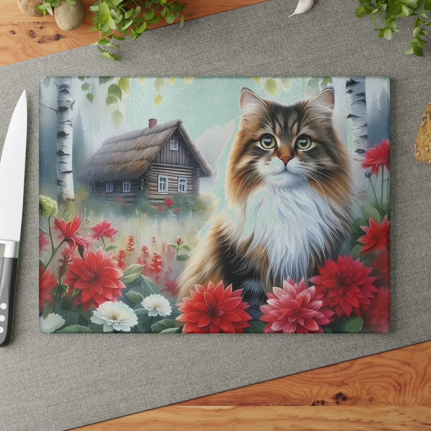 🌸 Garden Kitten Cutting Board – Fluffy Charm & Cottage Florals for Your Kitchen 🐾🌼