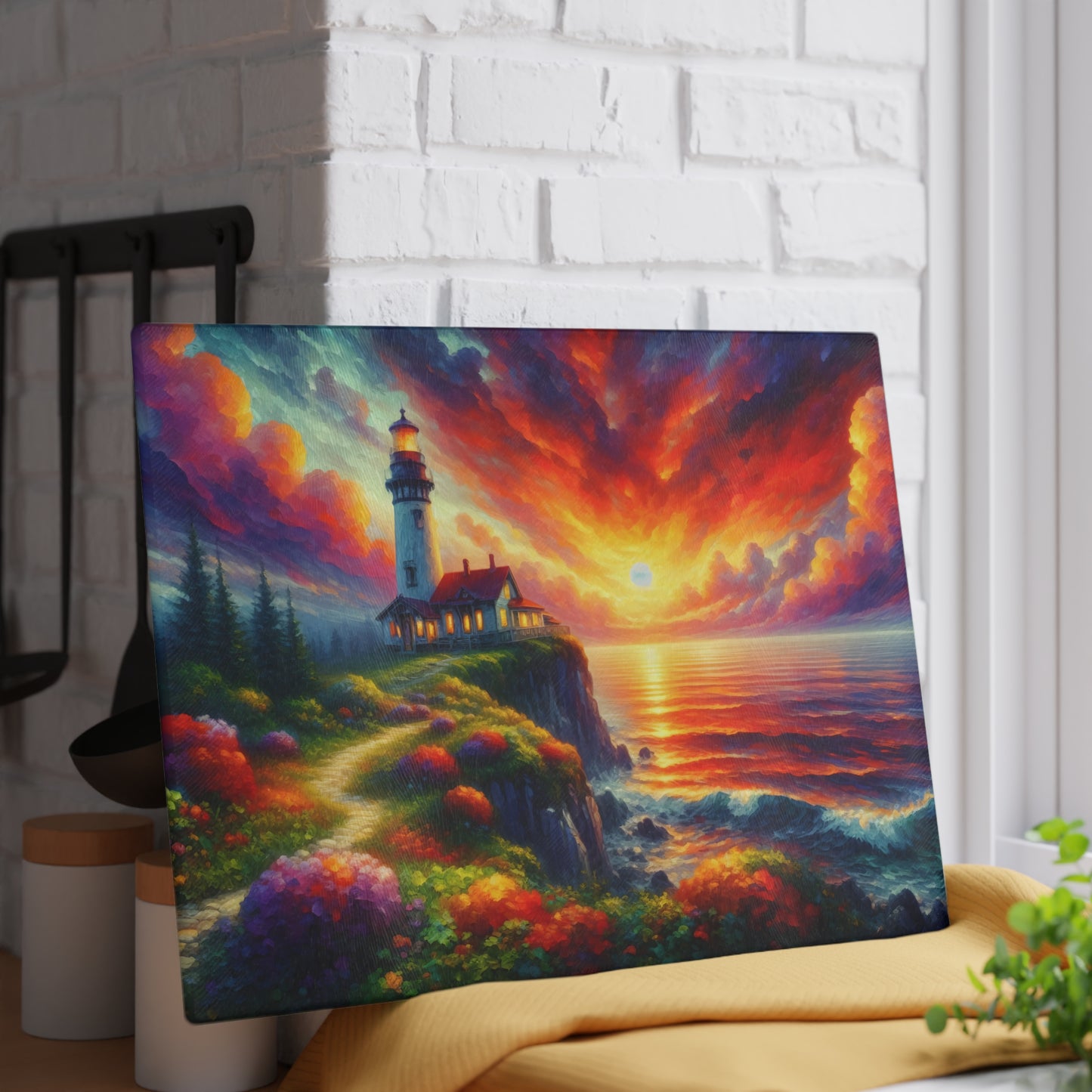 Radiant Lighthouse Sunset Glass Cutting Board – Coastal Seascape Art Kitchen Display