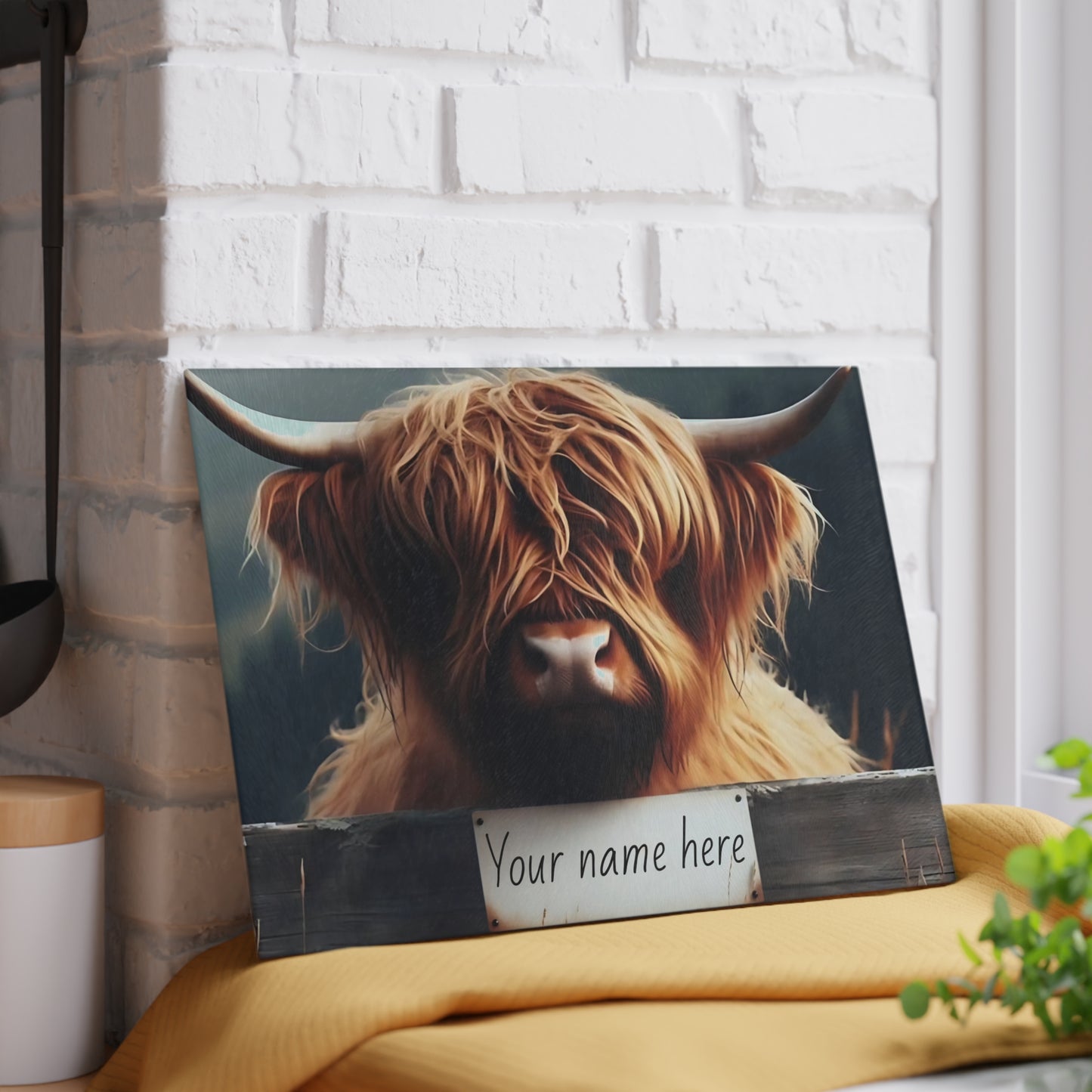 Highland Cow Over Fence Personalized Glass Cutting Board – Rustic Farmhouse Kitchen Decor, Glass Cutting Board – Western Farmhouse Decor, Country Kitchen Gift