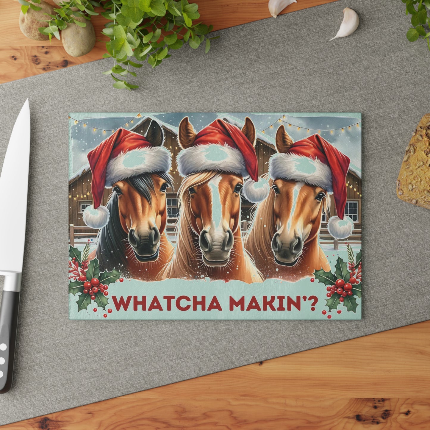 🐴🎄 “Whatcha Makin’?” Holiday Horses Glass Cutting Board – Cozy Charm for Your Kitchen