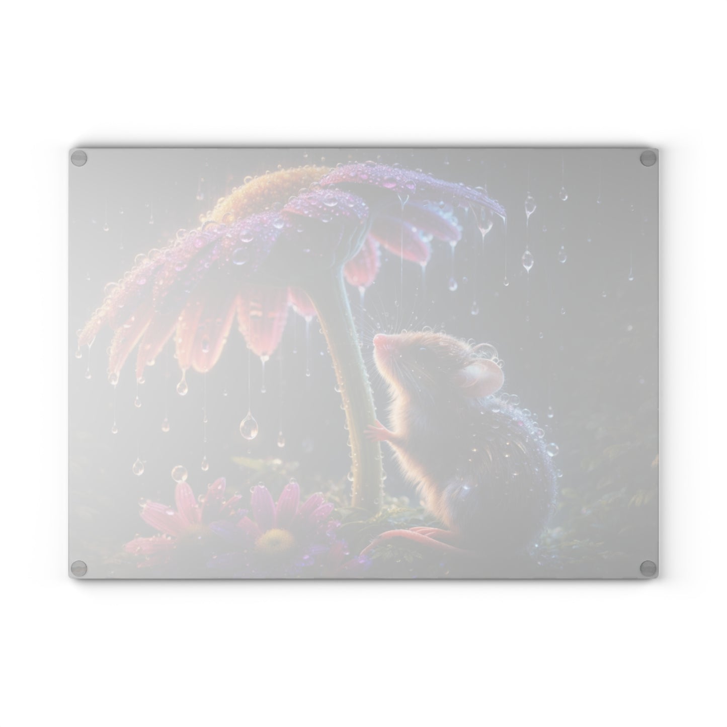 Rainy Garden Mouse Glass Cutting Board – Whimsical Nature Artwork