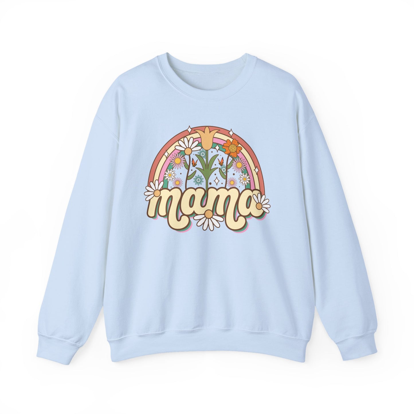 🌼🌈 Retro Floral Mama Sweatshirt – Vintage Rainbow Daisy Mom Crewneck