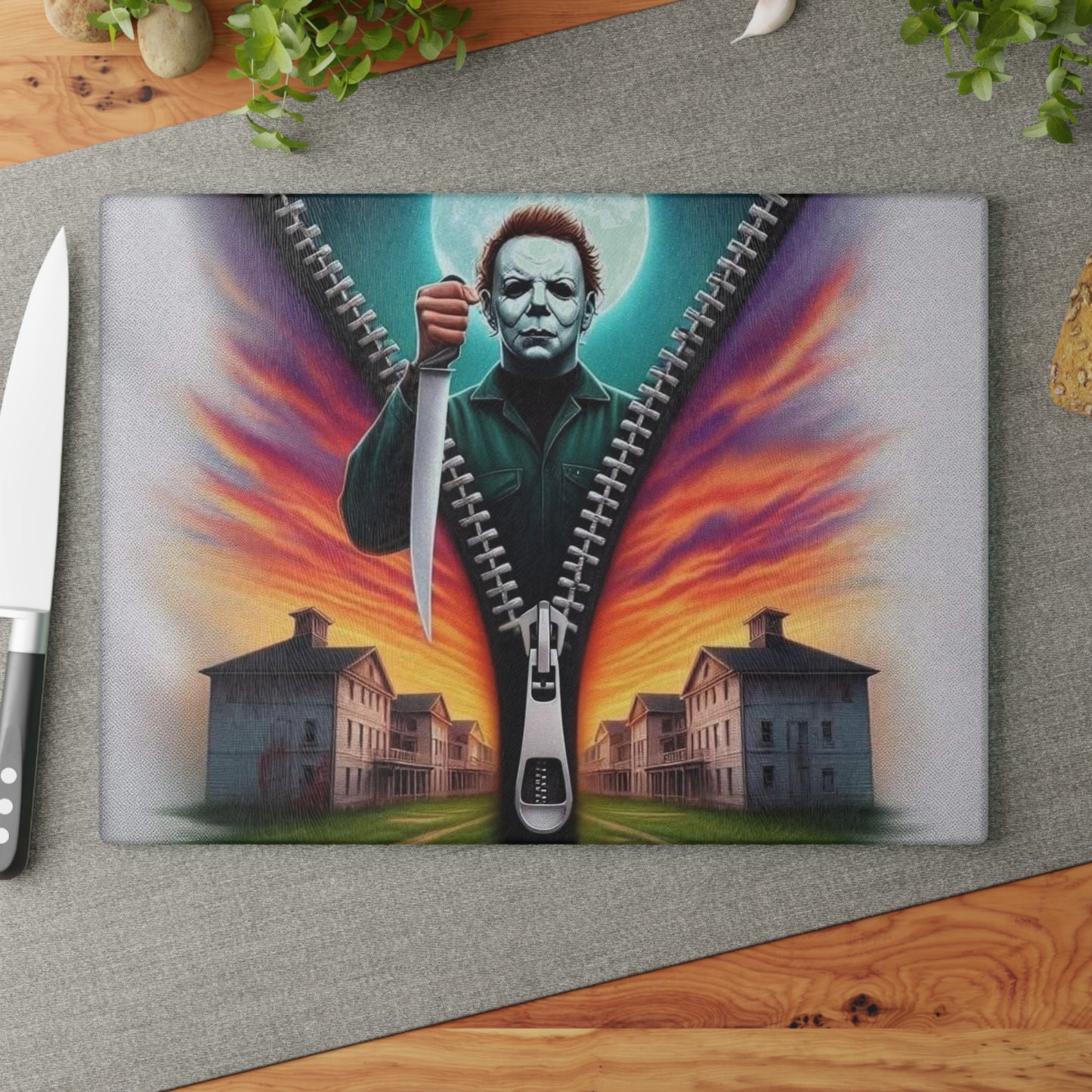 🔪 Sunset Madness Cutting Board – Zip Through the Chaos in Style