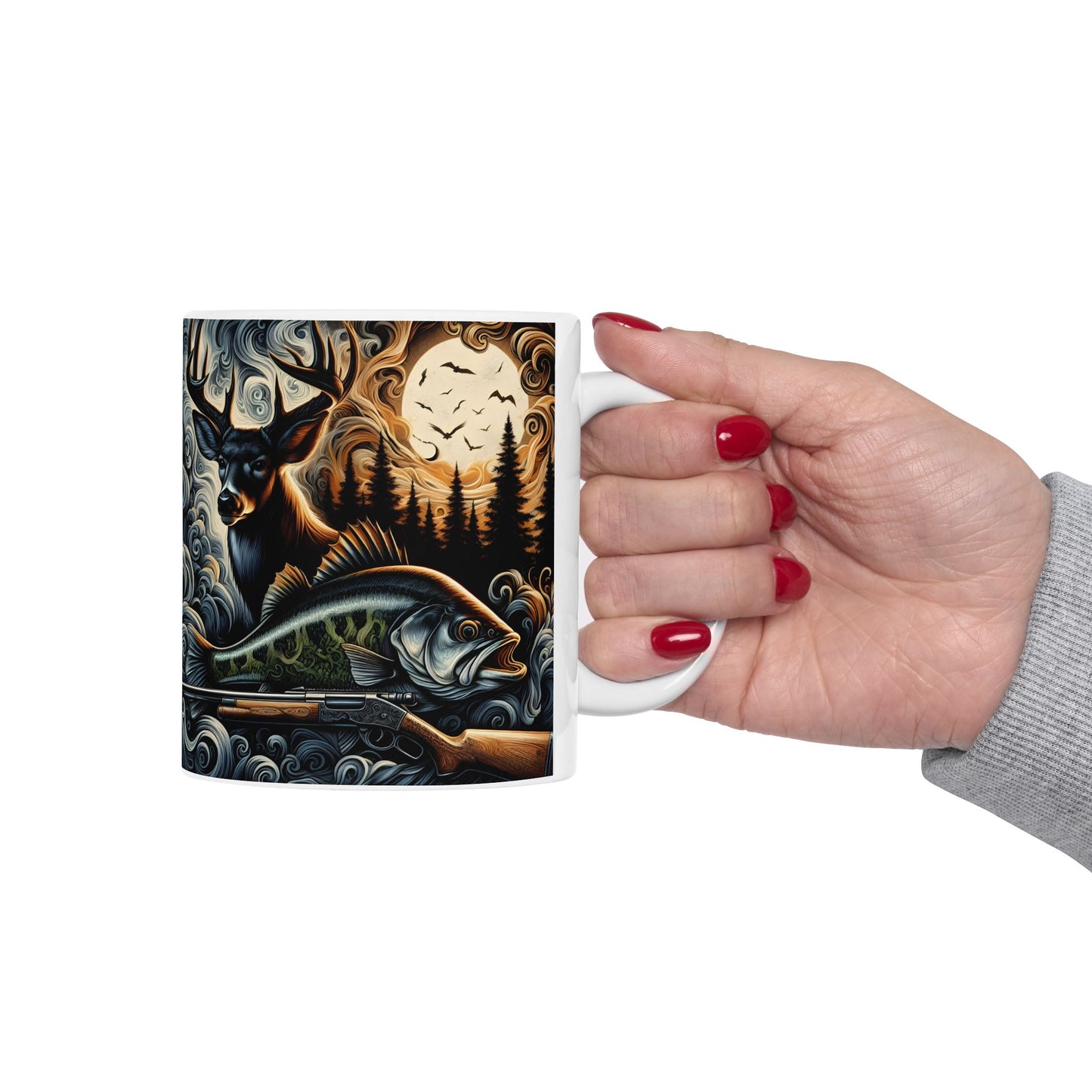 🦌🎣 Personalized Hunting & Fishing Mug – Deer, Bass & Outdoors Coffee Cup 🌲☕