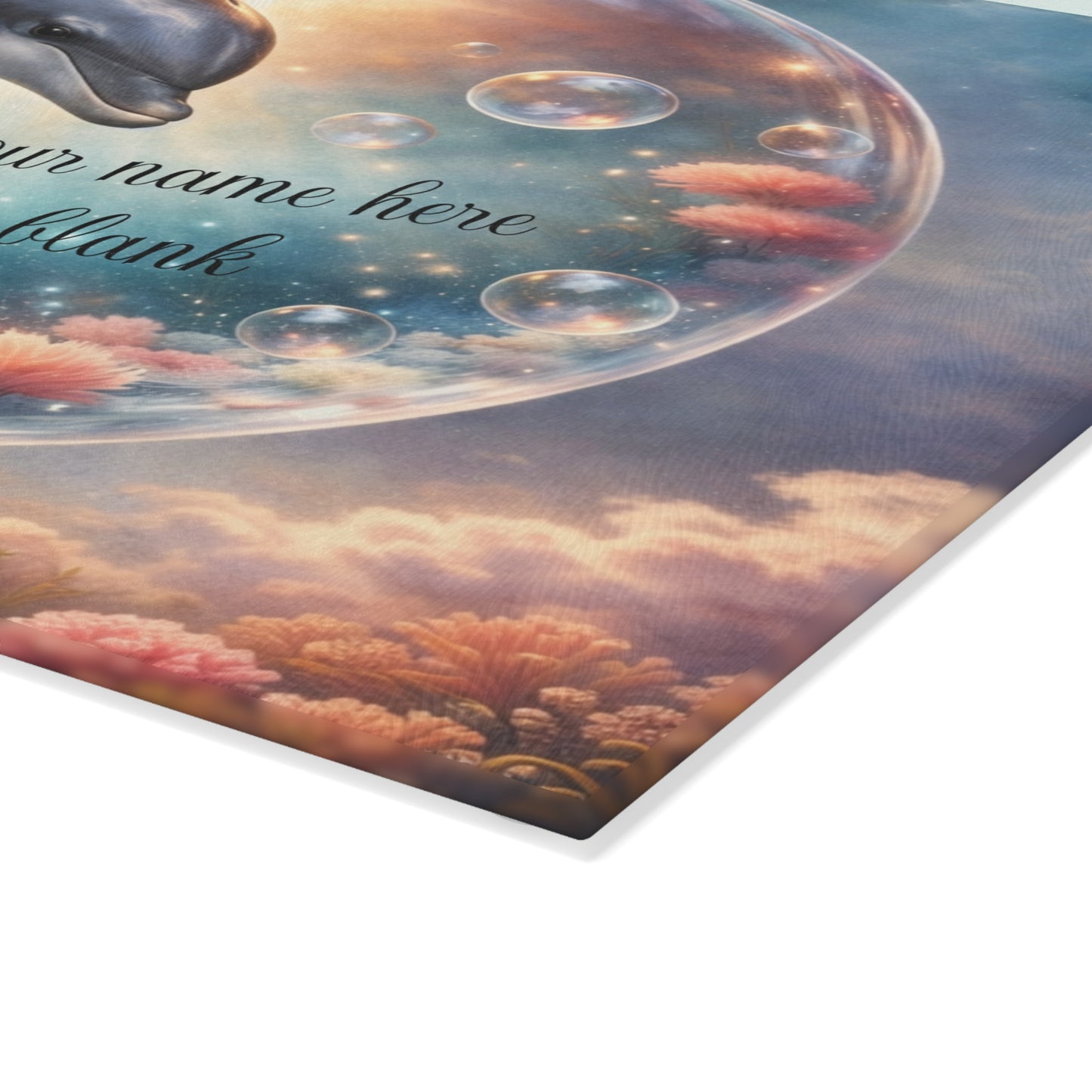 Dolphin Ocean Dream Glass Cutting Board – Personalized Coastal Kitchen Decor with Bubbles and Coral Reef Design