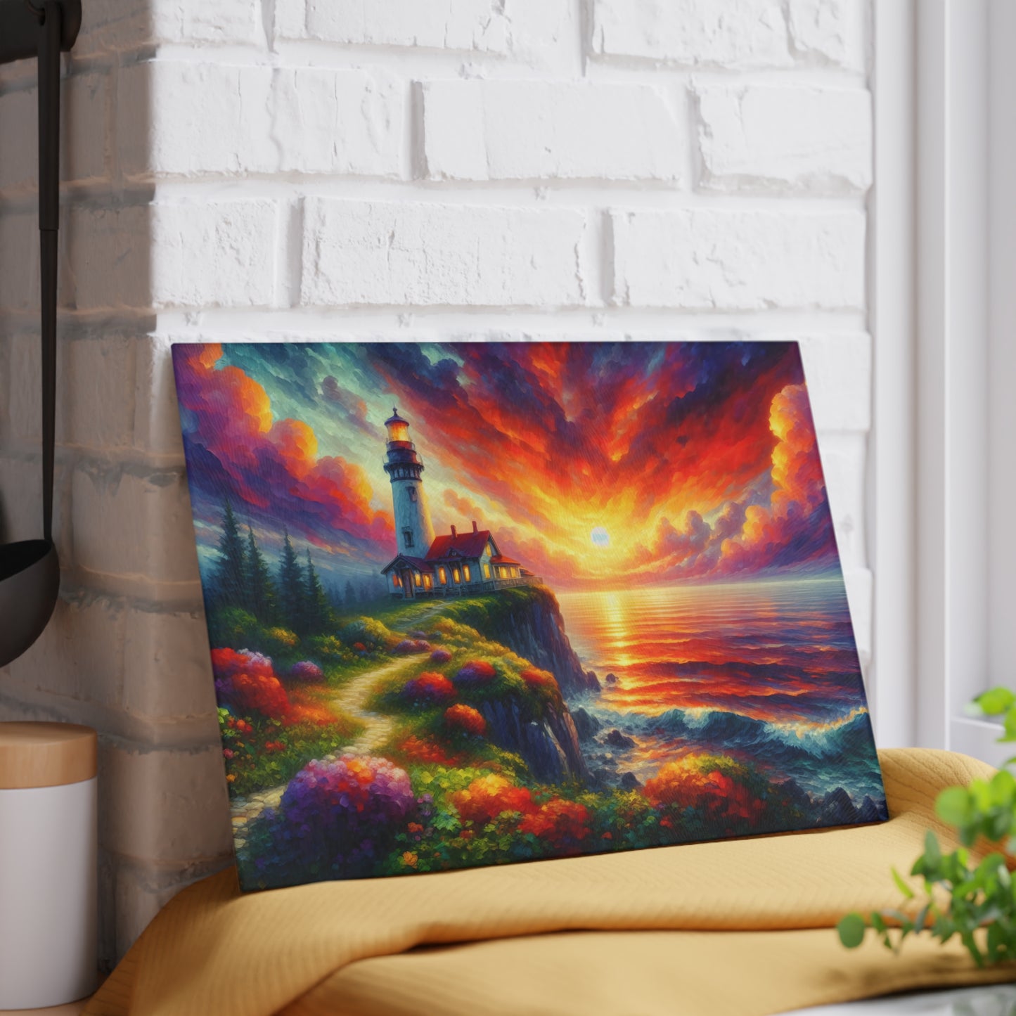 Radiant Lighthouse Sunset Glass Cutting Board – Coastal Seascape Art Kitchen Display