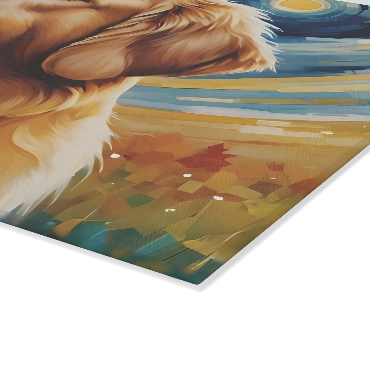 Golden Retriever Glass Cutting Board – Painterly Dog Art Kitchen Display