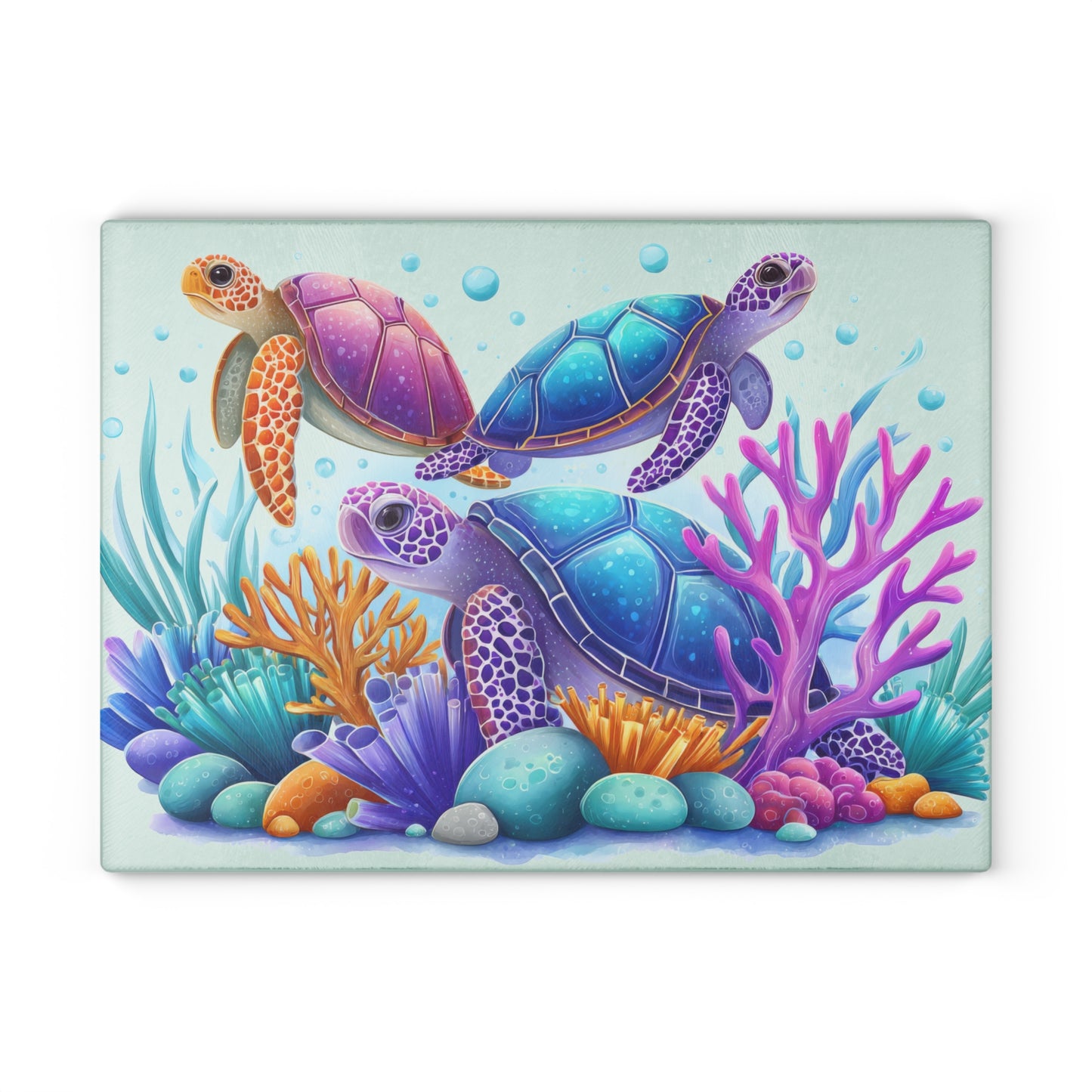 Tabla de cortar con tres tortugas marinas de colores: la alegría del océano se fusiona con la magia submarina