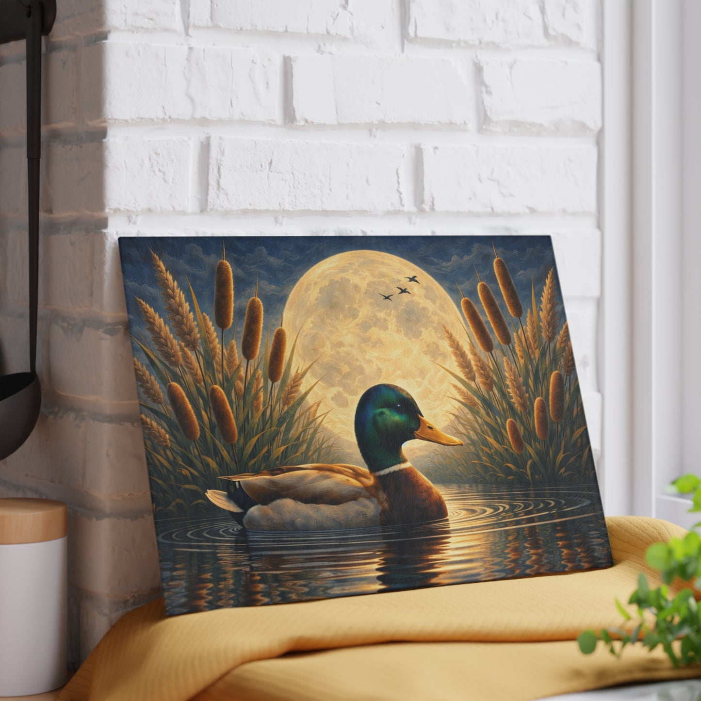 Moonlit Mallard Duck Glass Cutting Board – Peaceful Marsh Wildlife Artwork