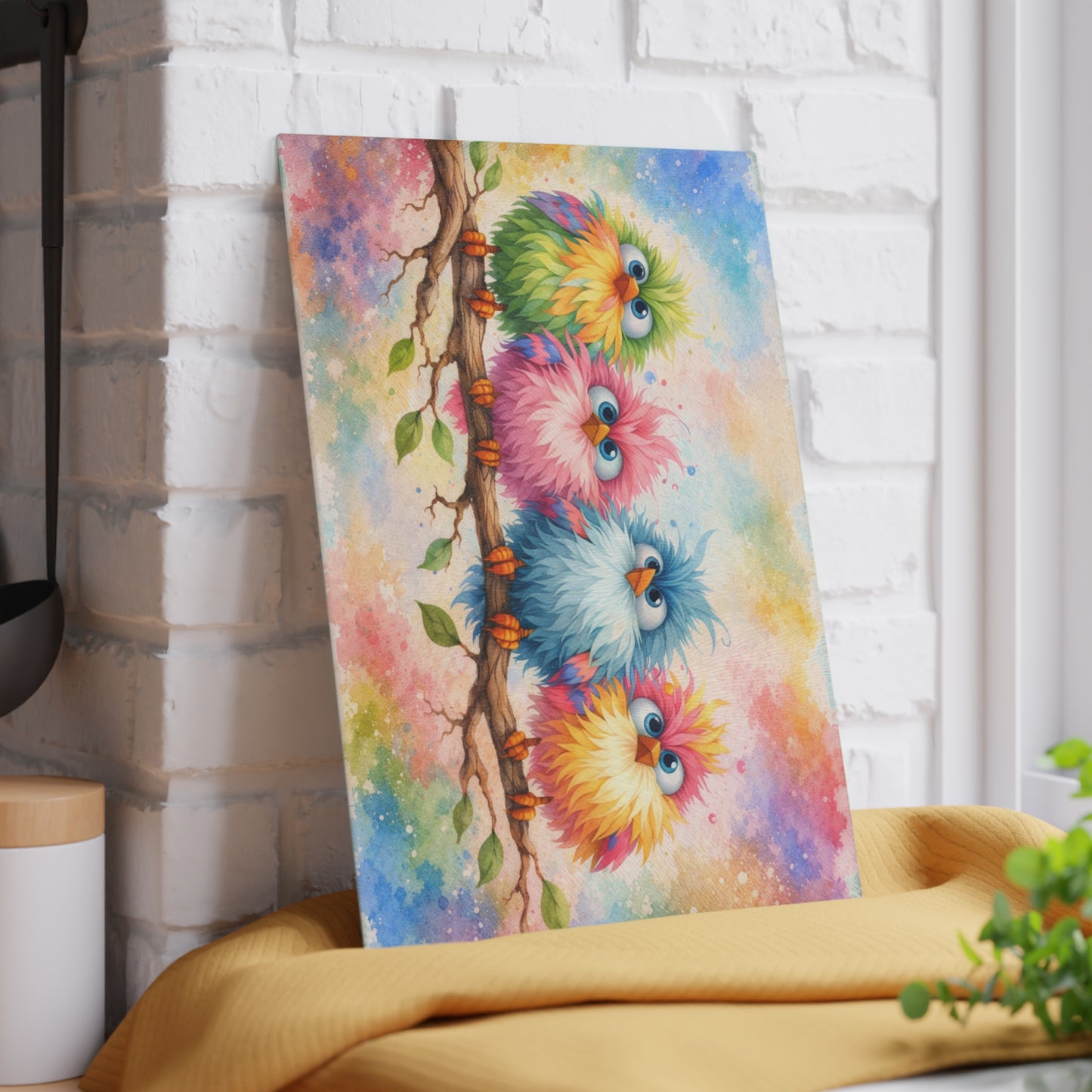 Colorful Birds on a Branch Glass Cutting Board – Whimsical Farmhouse Kitchen Decor with Bright Watercolor Style