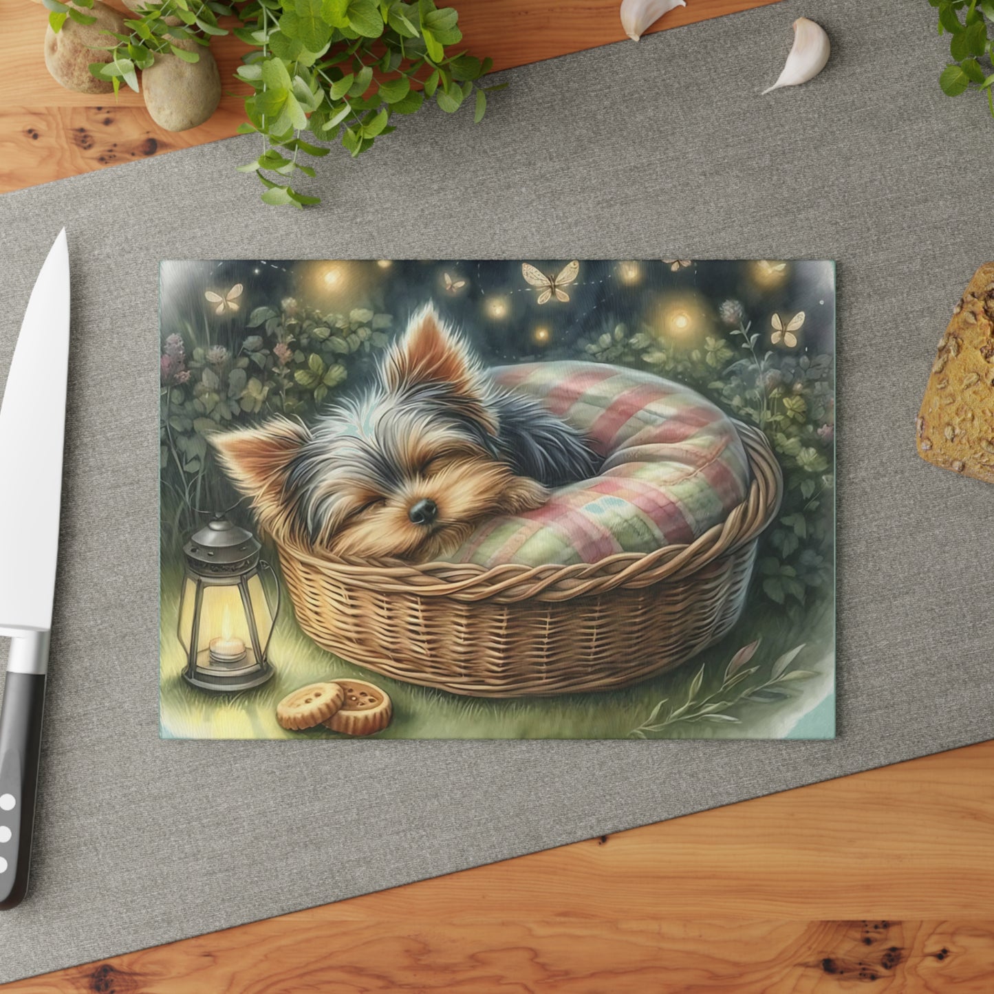 🐾✨ Sleeping Yorkie in Basket Cutting Board – Dreamy Garden Charm for Your Kitchen 🌙🕯️