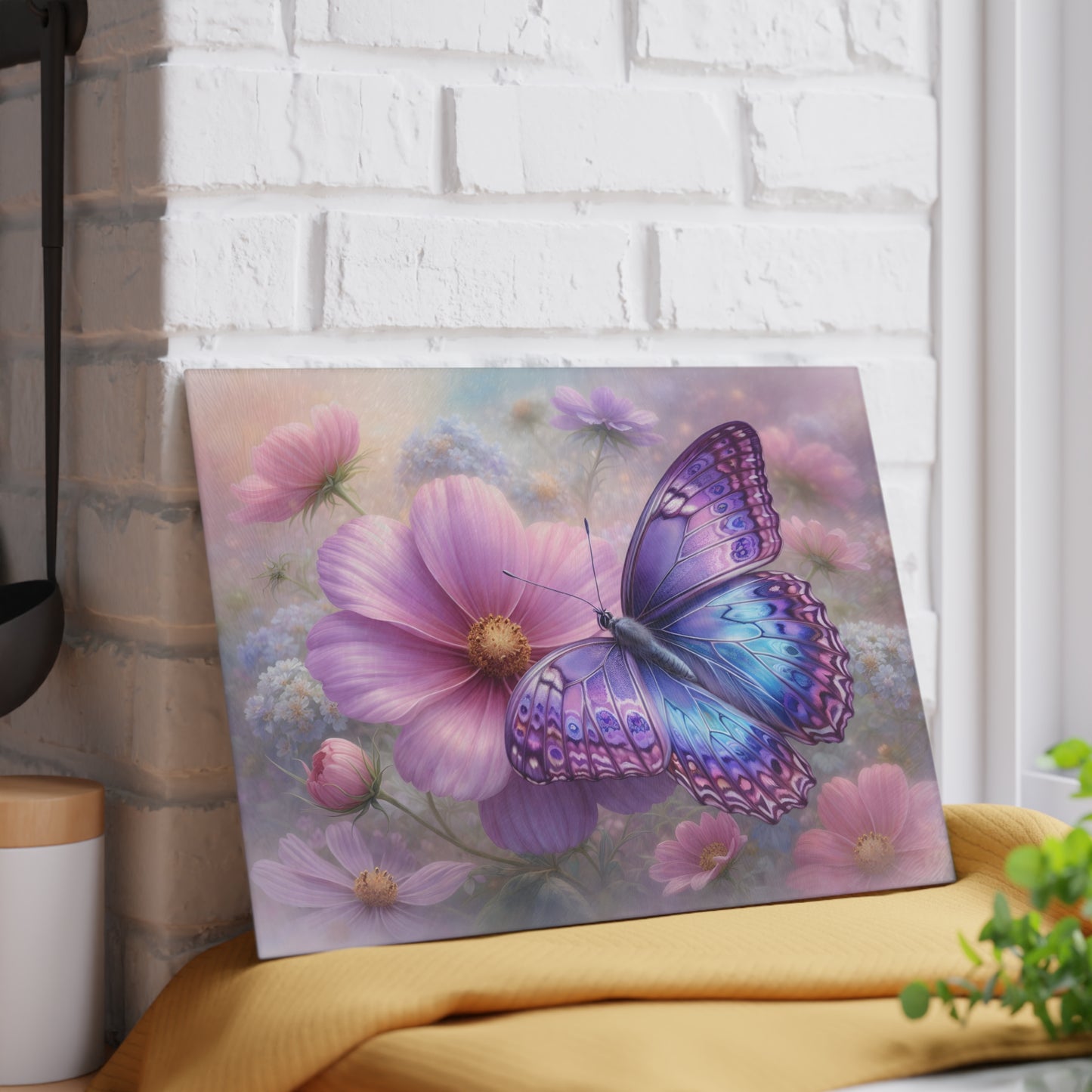 Purple & Blue Butterfly Glass Cutting Board – Dreamy Cosmos Floral Butterfly Art