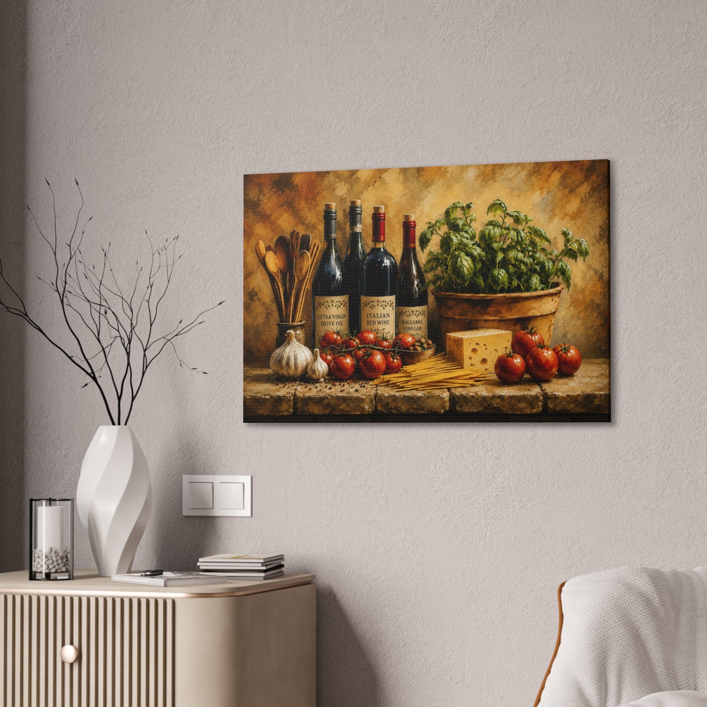 Rustic Italian Kitchen Stretched Canvas Wall Art – Tuscan Kitchen Decor – Italian Food & Wine Canvas