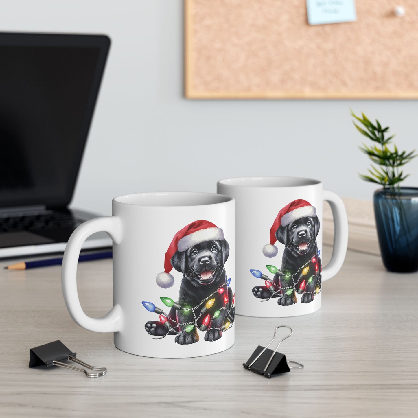 🎄 Labrador Puppy Christmas Mug – Santa Hat & Holiday Lights Cheer 🐾