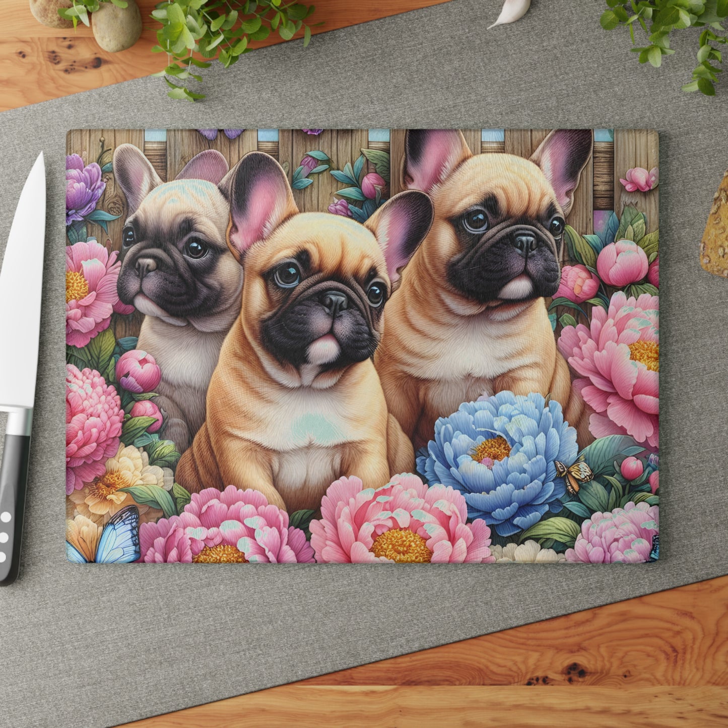 🐾 French Bulldog Floral Cutting Board – Adorable Pup Charm for Your Kitchen 🌸