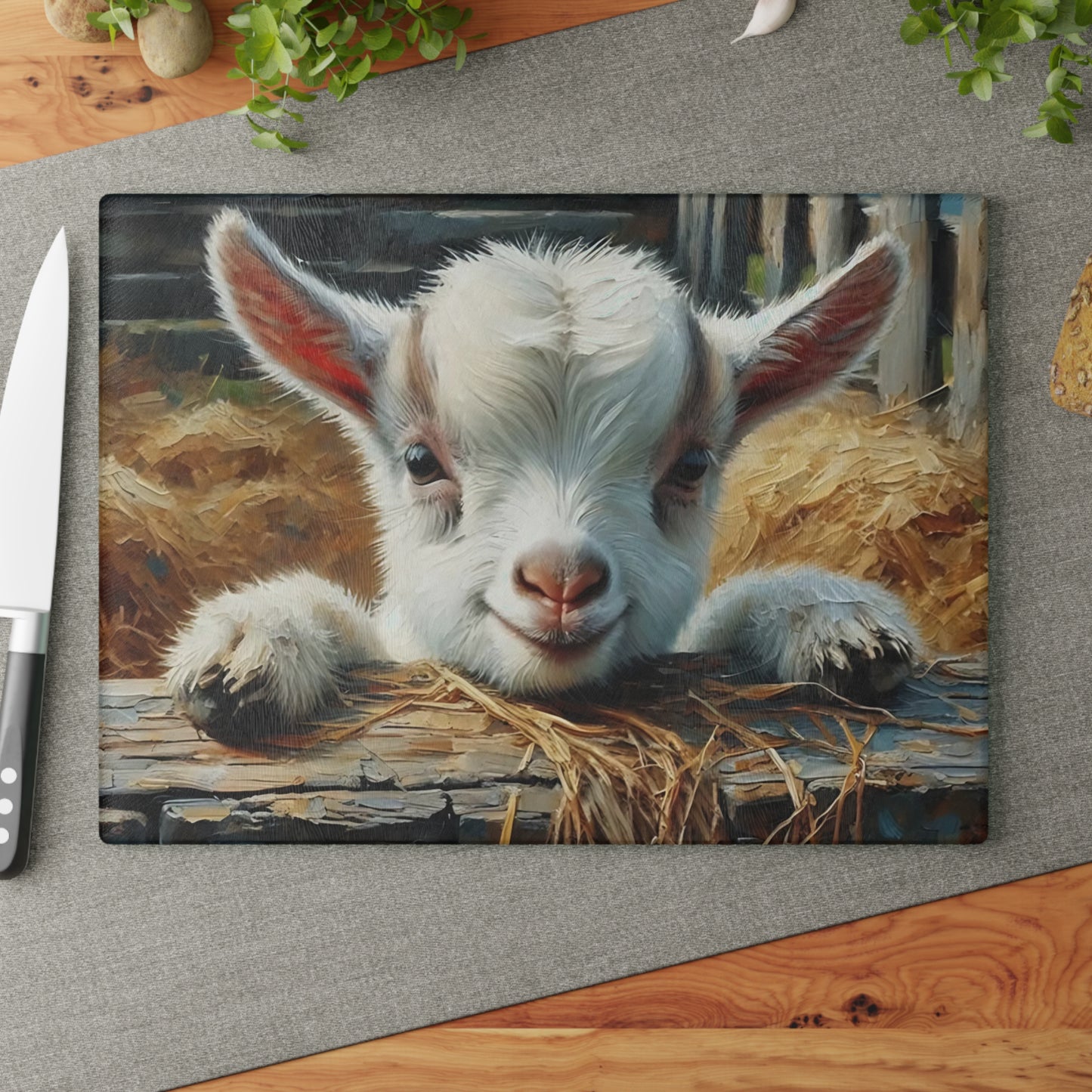 Rustic Baby Goat Glass Cutting Board – Farmyard Charm with Hay & Cozy Detail
