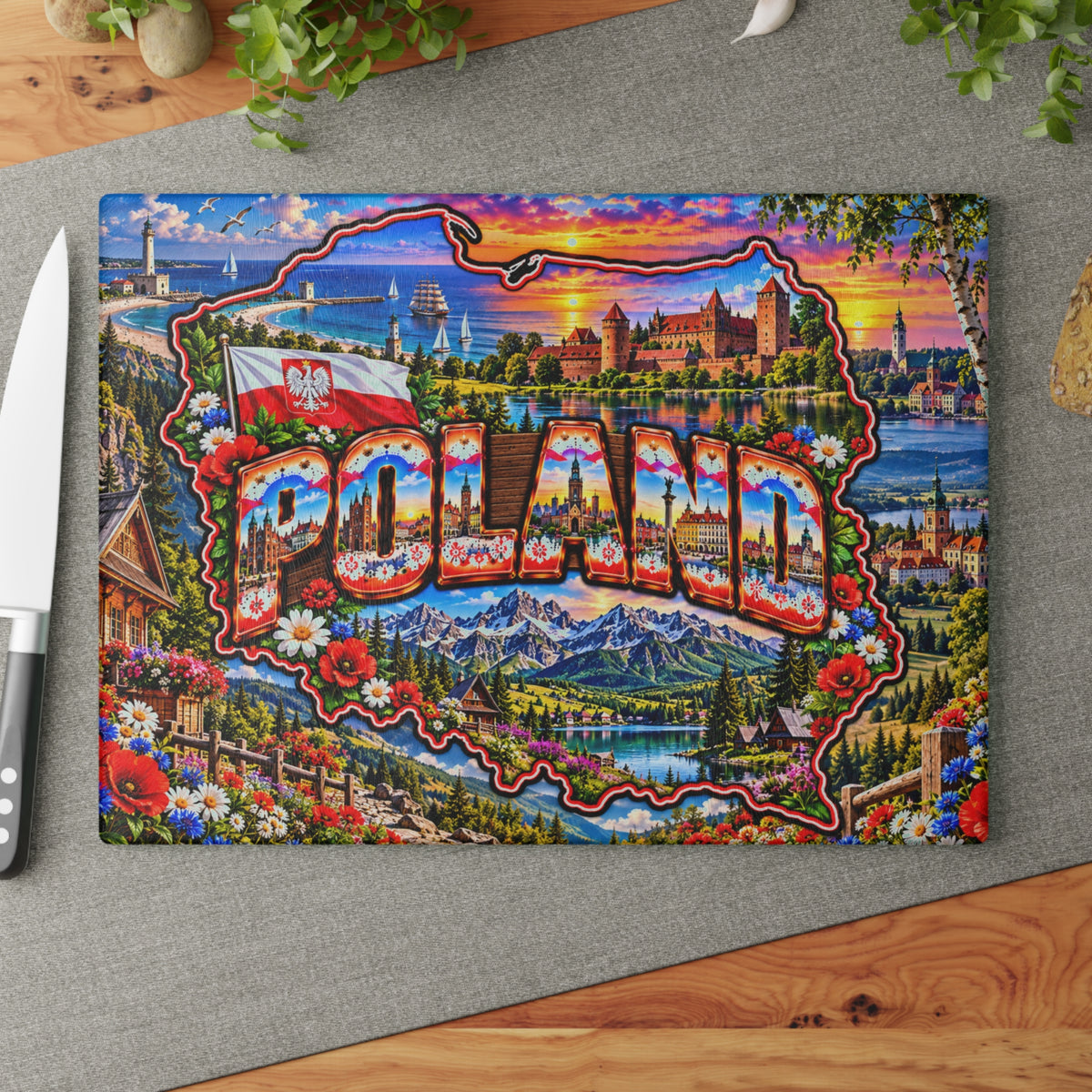 Poland Map Cutting Board – Colorful Polish Landmarks, Tatra Mountains, Medieval Castles, Baltic Coast & Patriotic Kitchen Décor