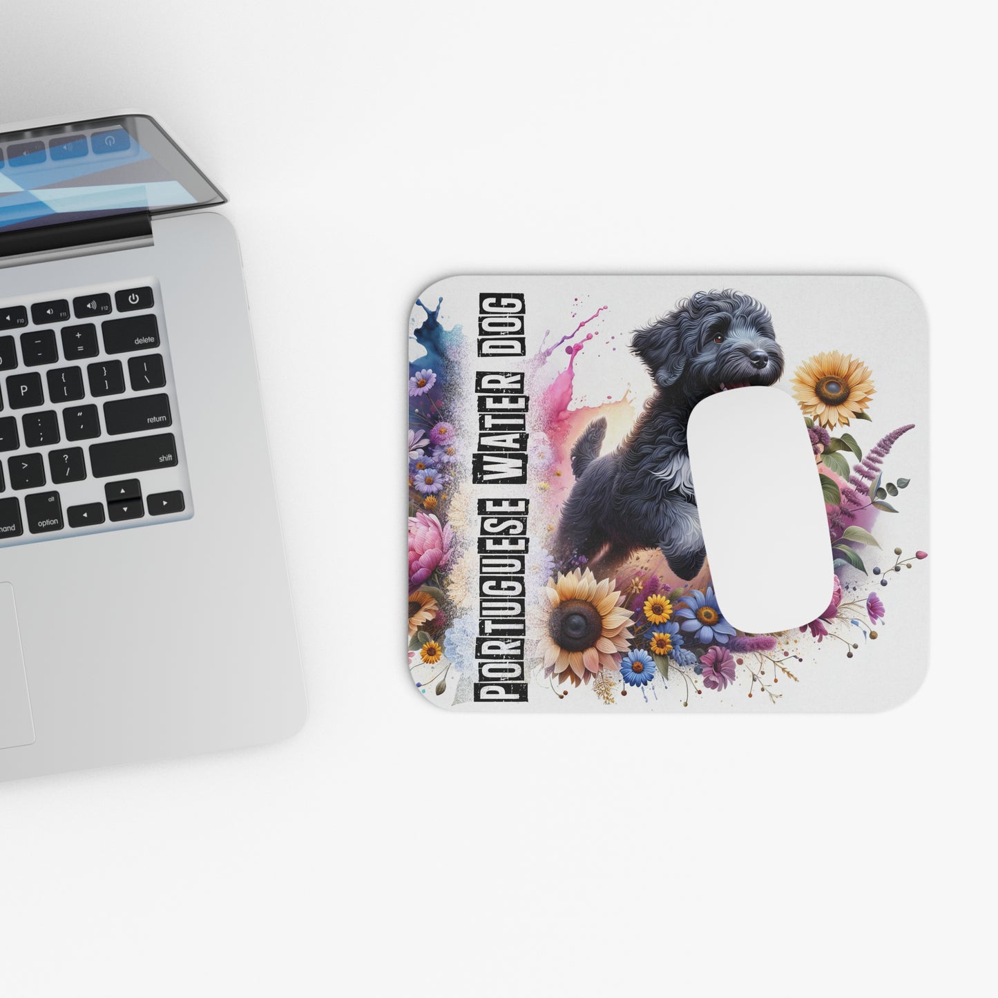 🖱️🐕‍🦺🌊 Portuguese Water Dog Mouse Pad – Playful PWD with Florals & Splashes