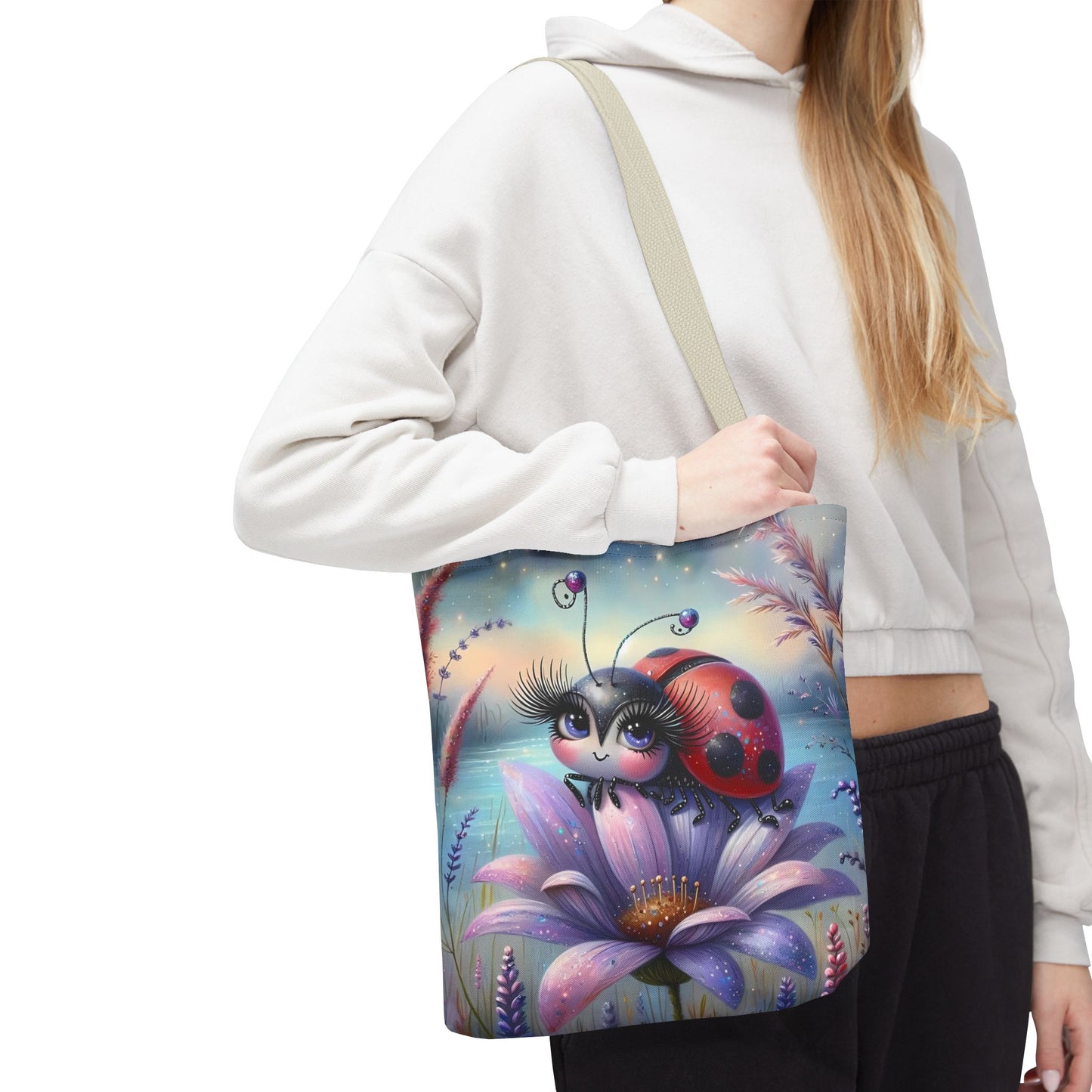 🐞 Mariquita sobre una flor junto al lago – Bolsa de tela inspirada en la naturaleza