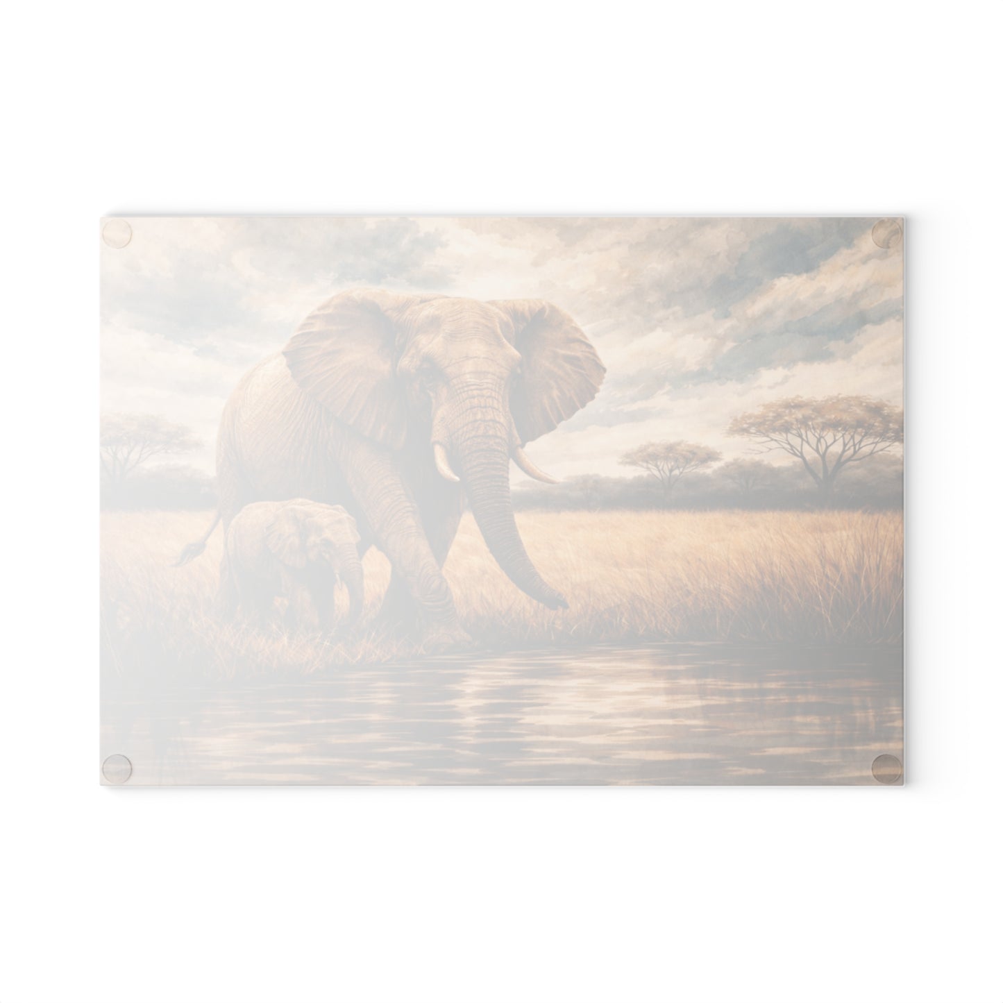 Safari Elephant and Calf Glass Cutting Board – African Wildlife Savanna Artwork
