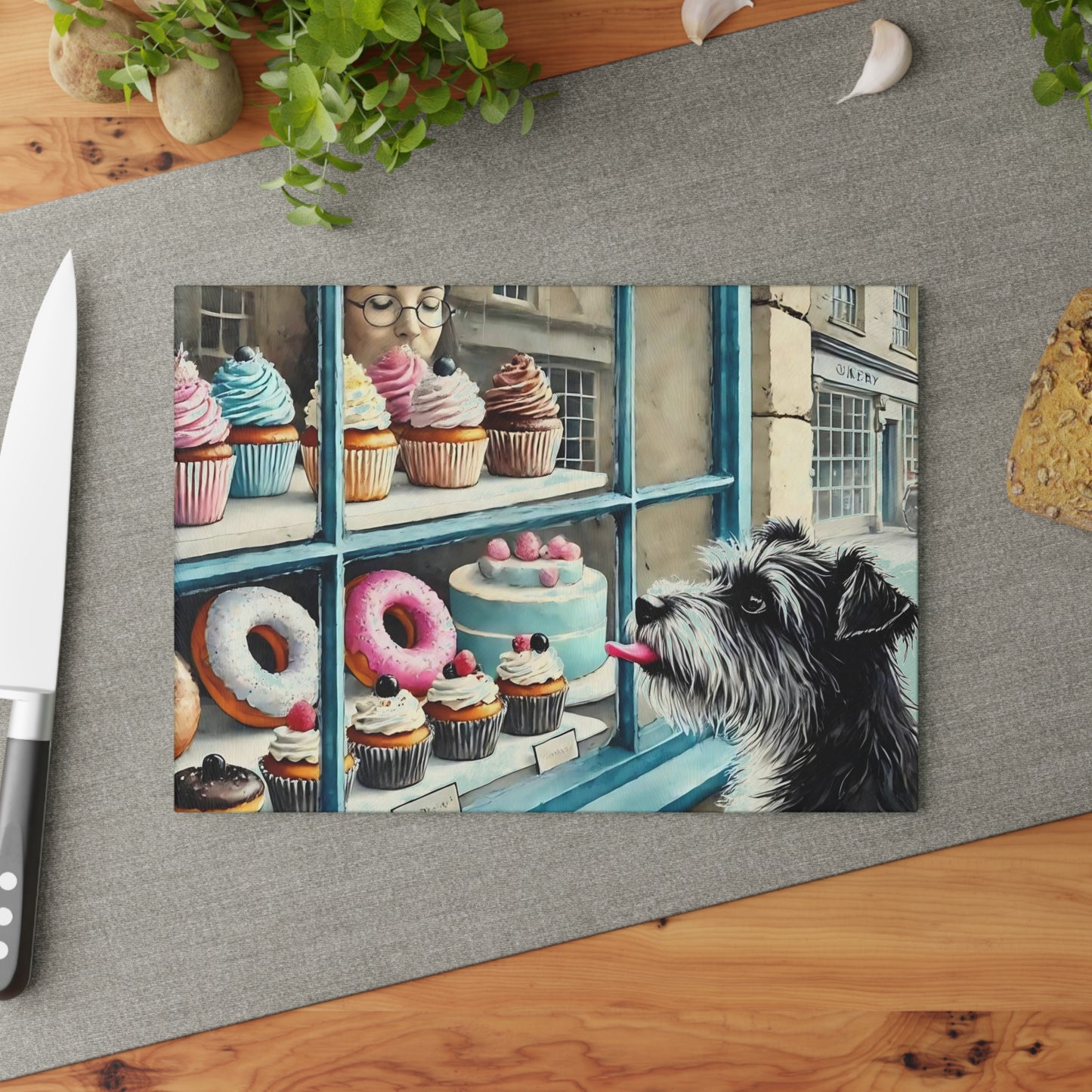Bakery Scene Cutting Board, Terrier Dog Design, Dog Lover Gift, Baking Decor Bakery Lover Gift, Unique Kitchen Gift