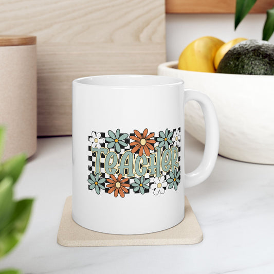 🍎🌼 Retro Teacher Floral Mug – A Groovy Sip for Everyday Educators 🌼🍎