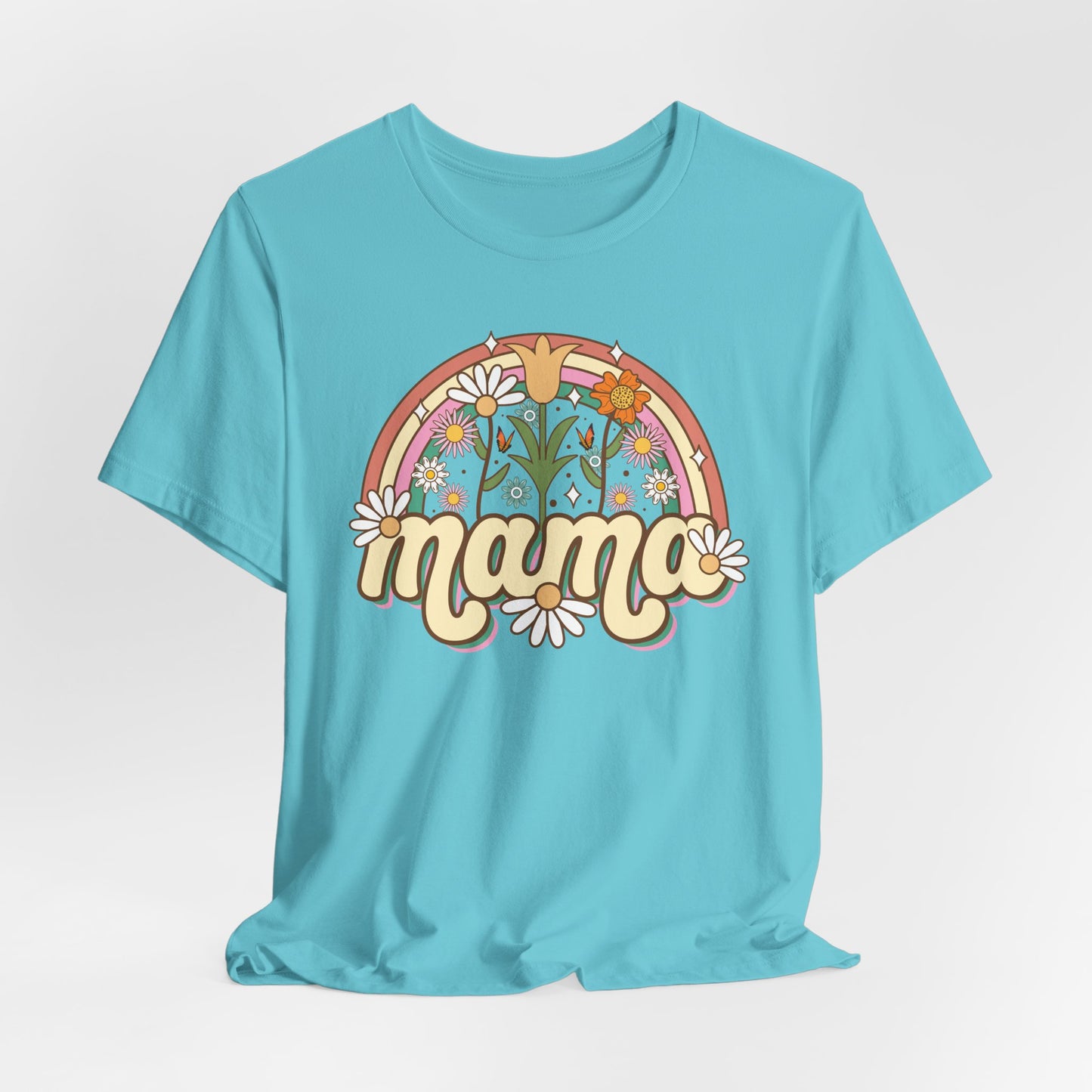 🌼🌈 Retro Floral Mama T-Shirt – Boho Rainbow Graphic Tee for Moms 🌻✨