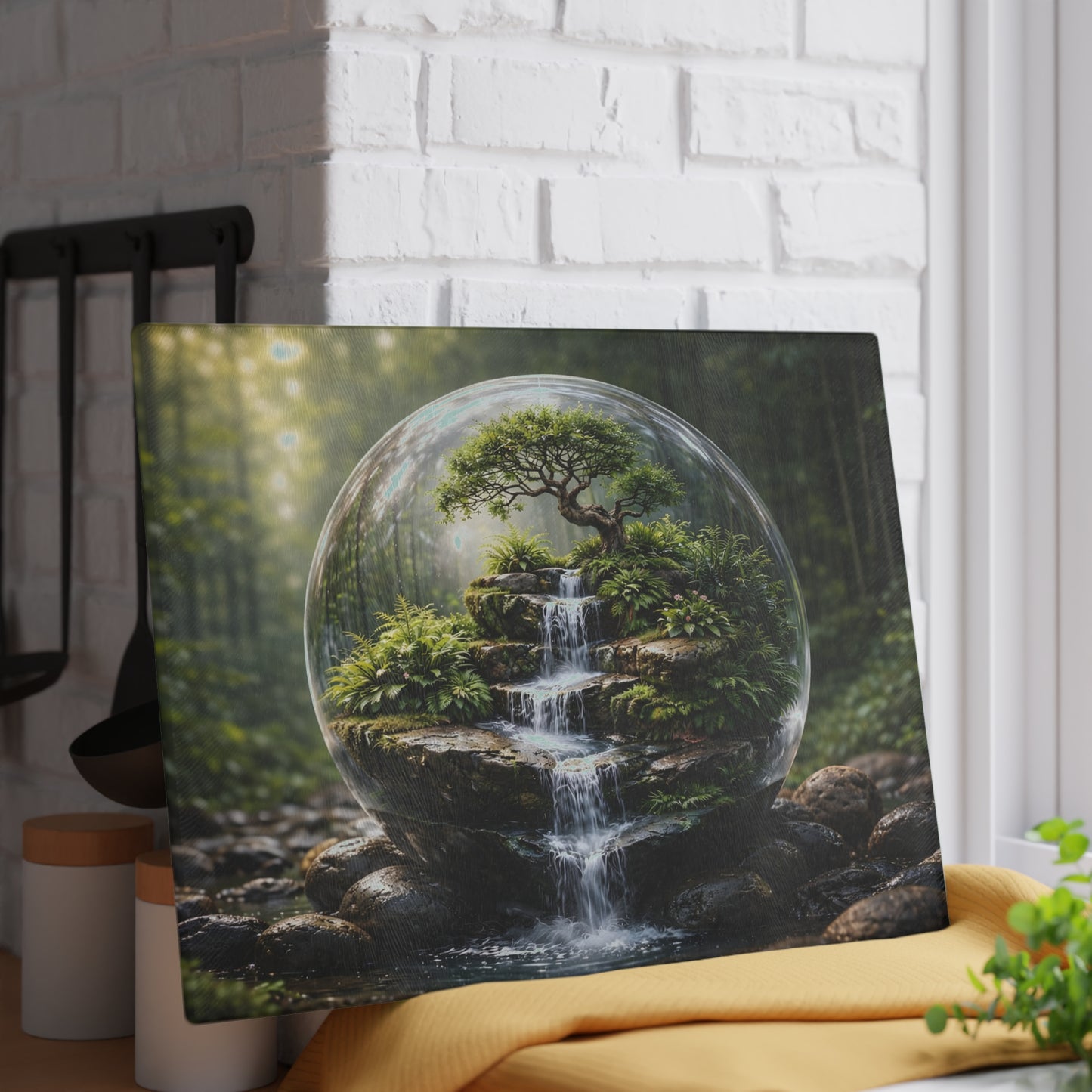 Enchanted Forest Waterfall Terrarium Glass Cutting Board – Nature-Inspired Zen Kitchen Art