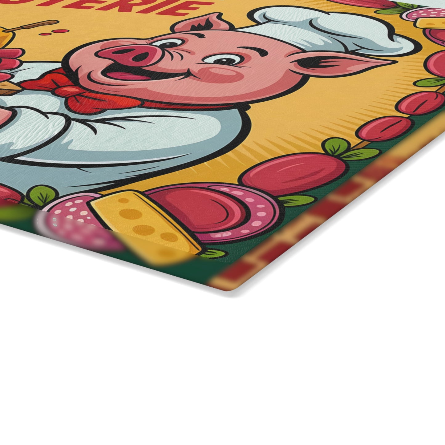 Tabla de cortar charcutería con vista frontal completa: divertida tabla de quesos y carnes del chef Pig