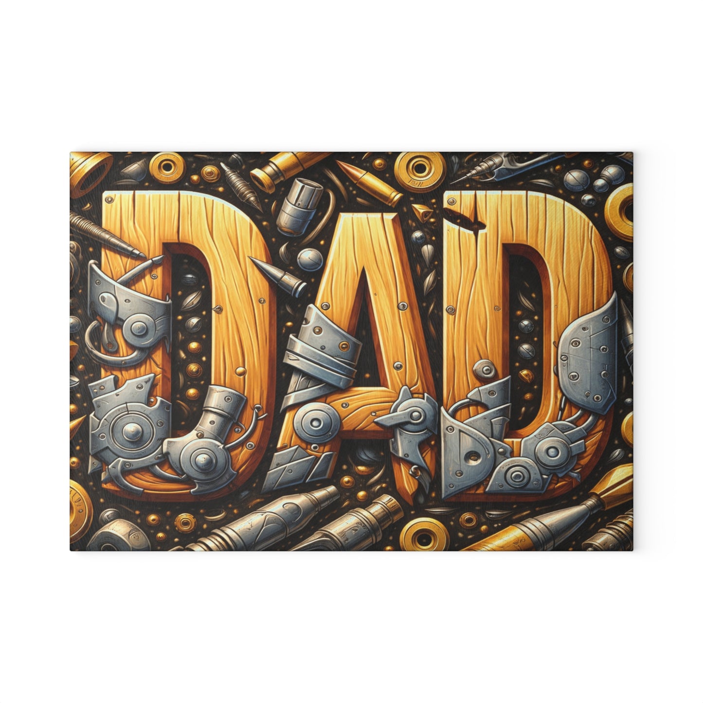 Dad Workshop Tribute Glass Cutting Board – Rustic Father’s Day Tool Art