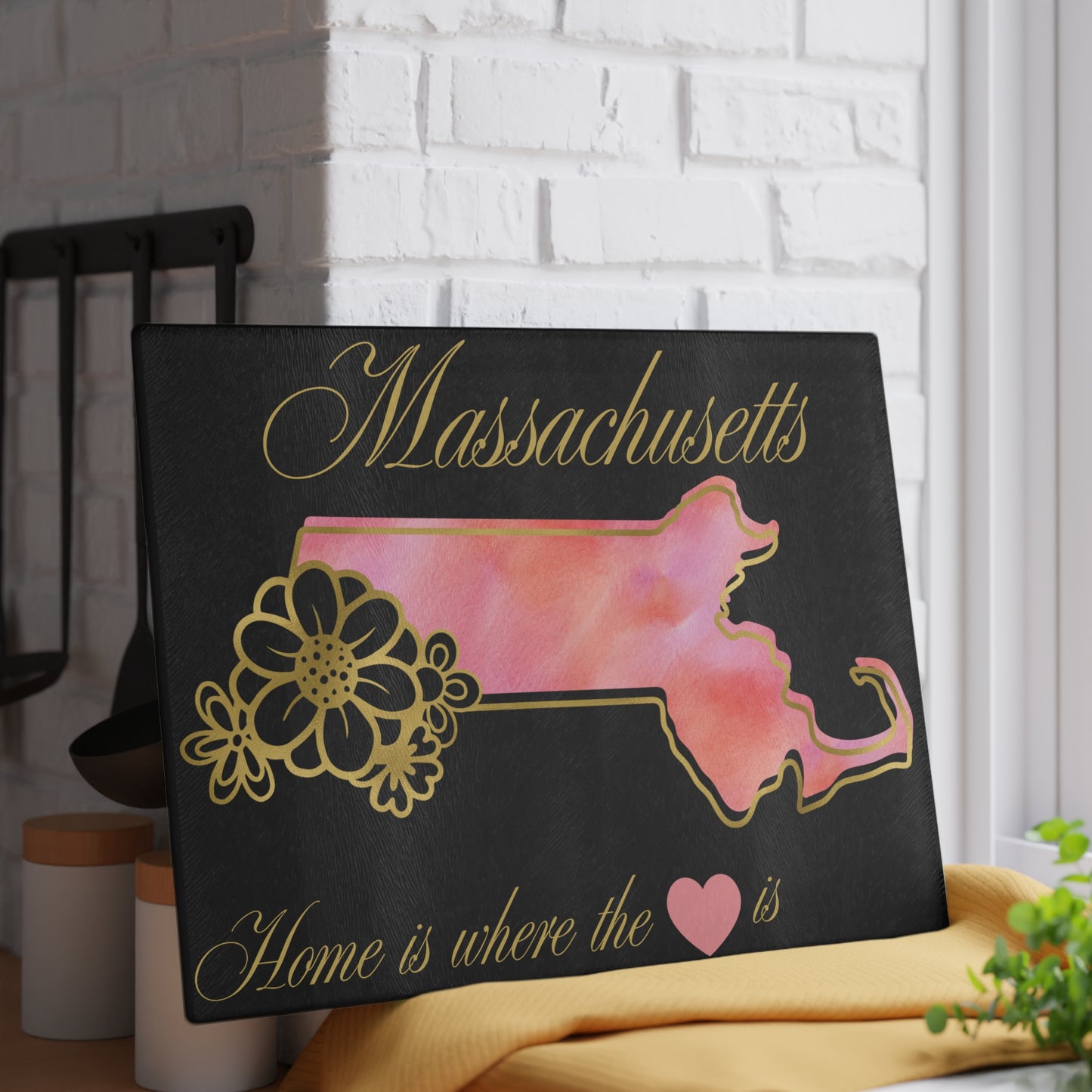 🌸 Massachusetts State Cutting Board – Soft Blush Beauty with Home Heart Charm
