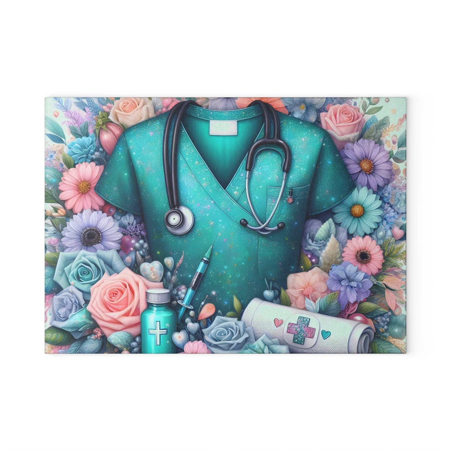 🩺 Nurse Scrubs & Florals Cutting Board – Heartfelt Medical Elegance for Your Kitchen 🌸