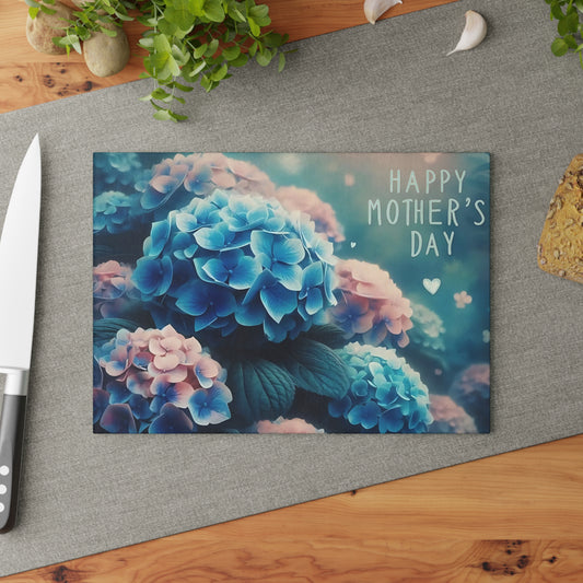 Happy Mother's Day Hydrangea Flowers Tempered Glass Cutting Board – Elegant Floral Kitchen Décor, Unique Gift, Glass cutting board, Charcuterie Board, Custom cutting board, Flowers