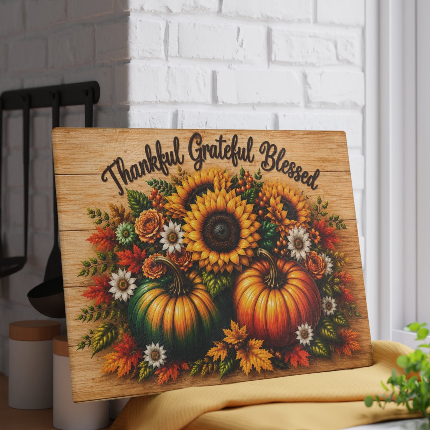 Thankful Grateful Blessed Sunflower & Pumpkin Glass Cutting Board – Fall Autumn Kitchen Decor