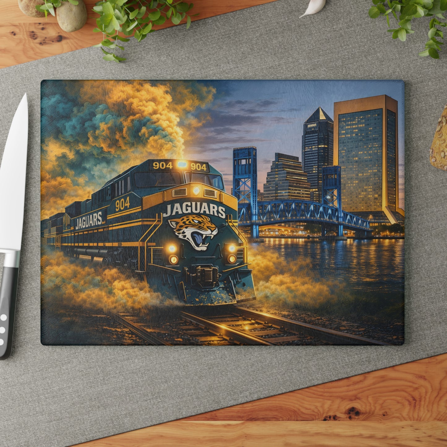 Teal & Gold Power Express Glass Cutting Board – Bold Train Art Kitchen Display