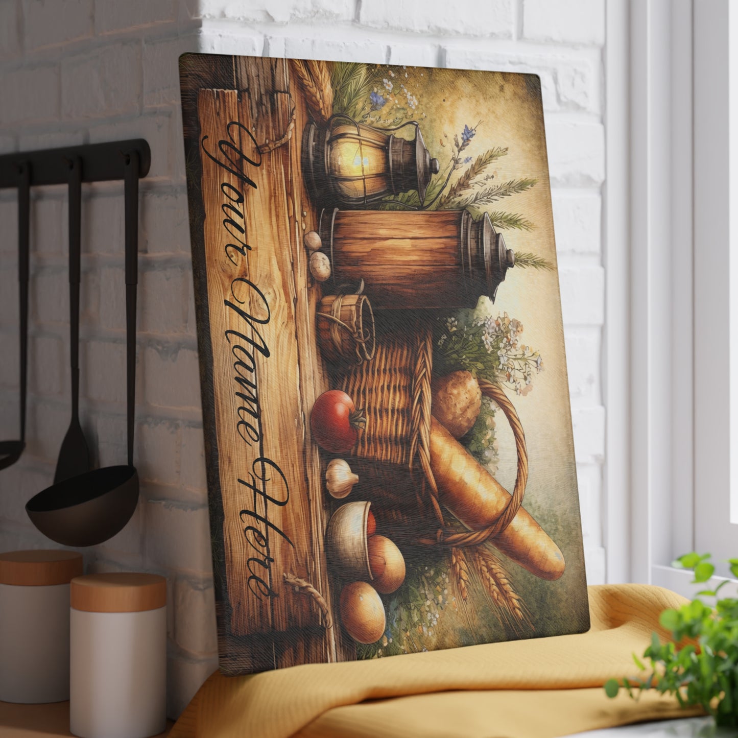 Rustic Farmhouse Breadbasket Personalized Glass Cutting Board – Custom Kitchen Name Display